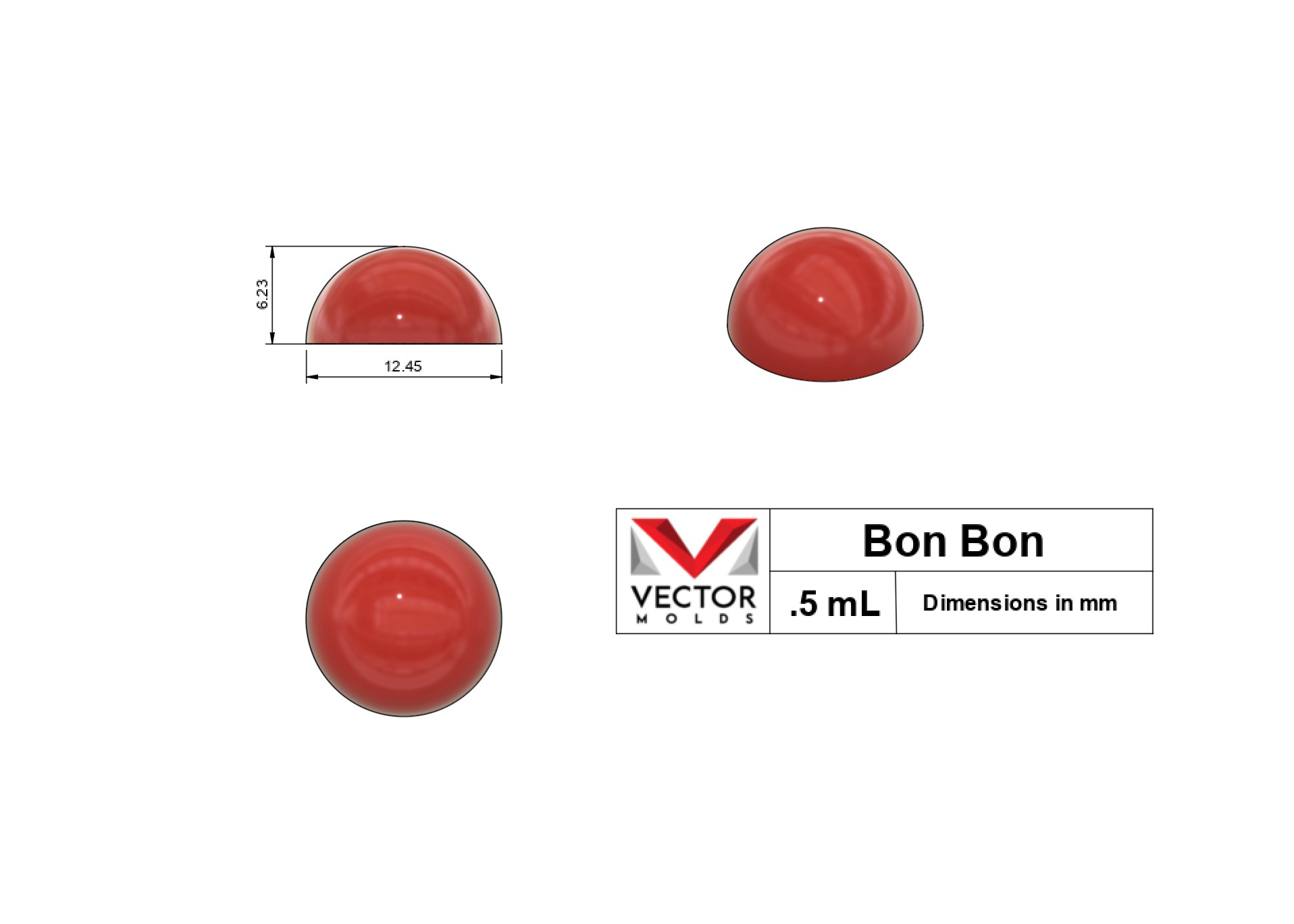 0.5mL Bon Bon silicone mold shape with dimensions in millimeters - top, side, and isometric views.