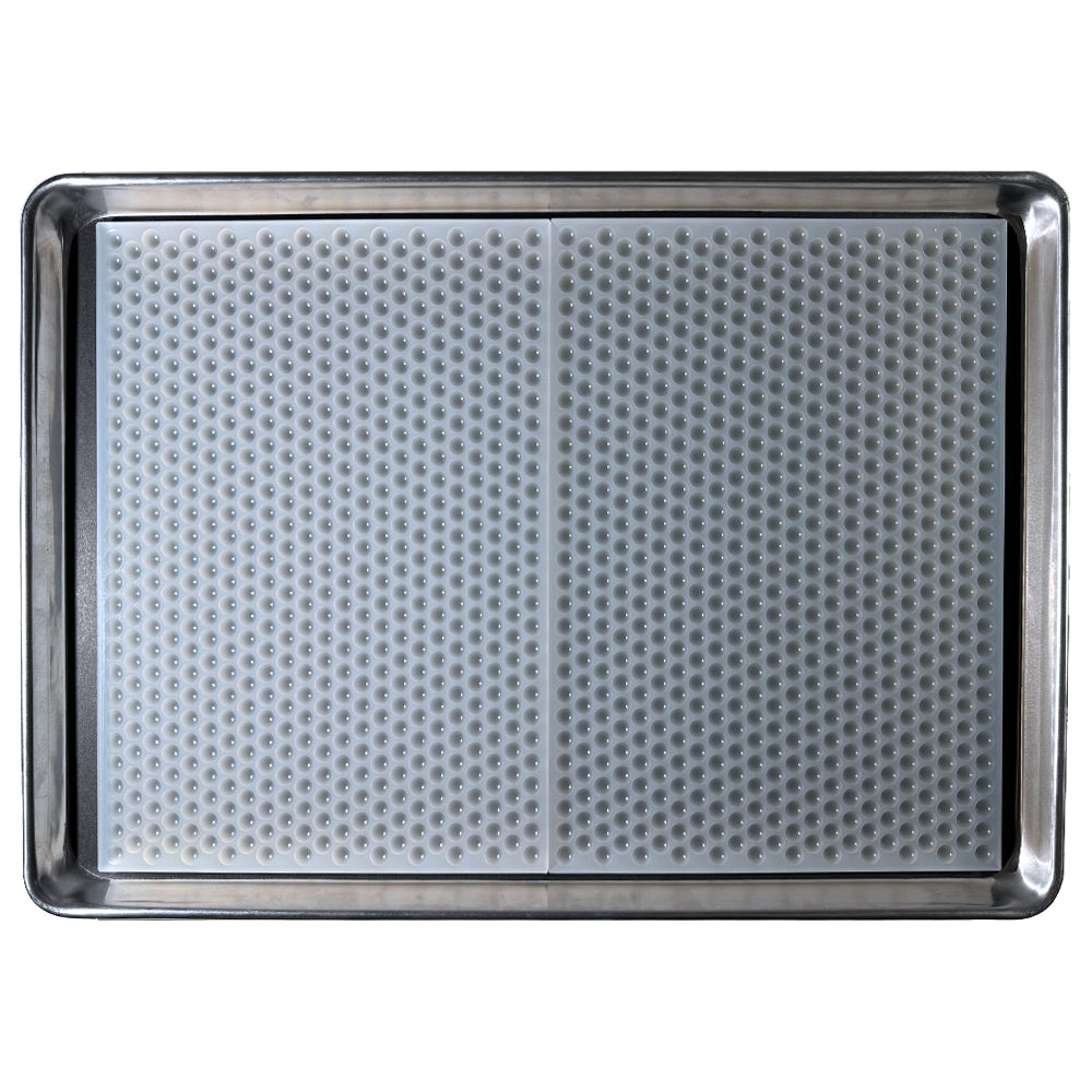 0.5ml Bon Bon Gummy Silicone Mold Half Sheet in a Kitchen Pan for Flood & Scrape