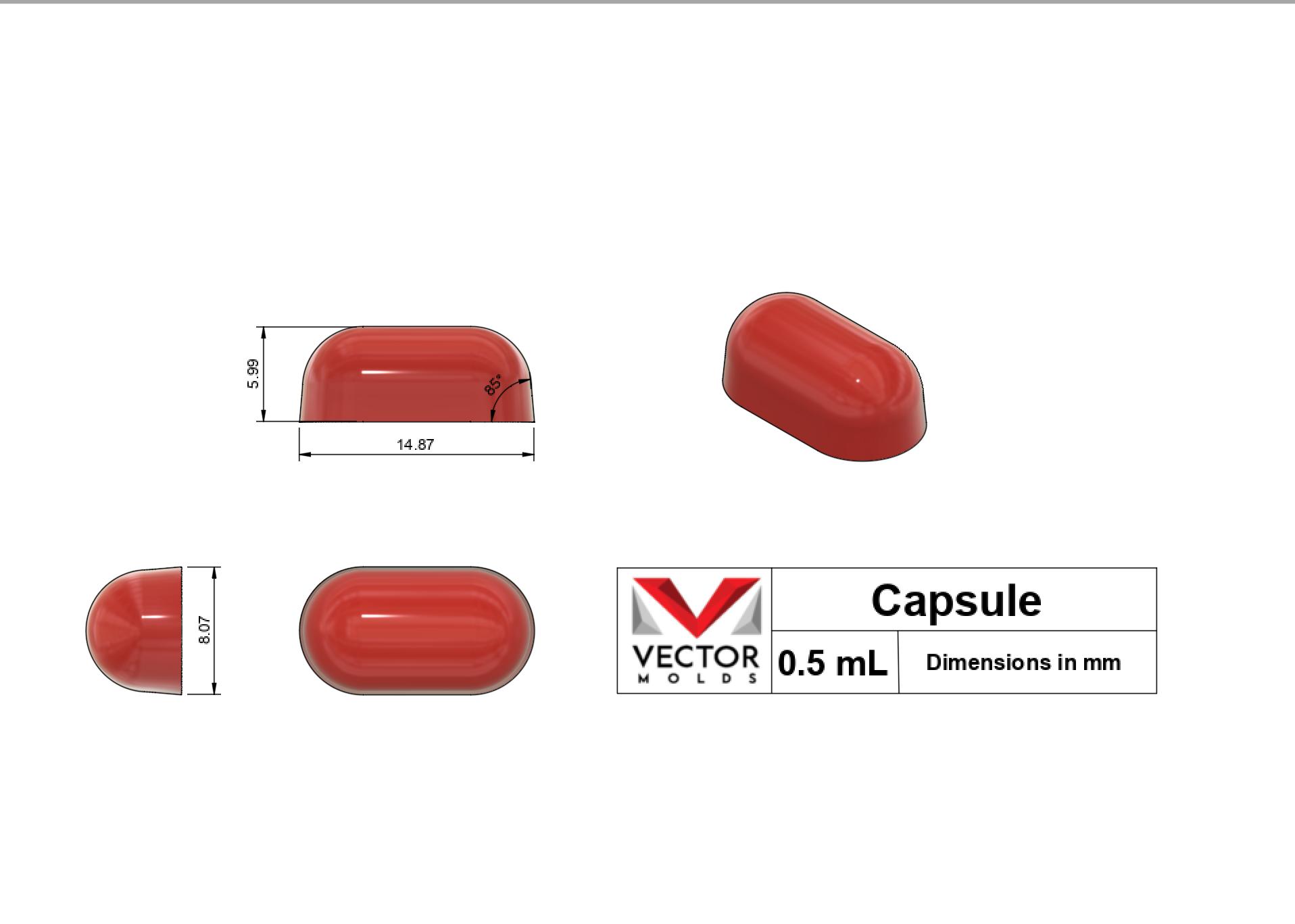 0.5mL Capsule silicone mold shape with dimensions in millimeters - top, side, and isometric views.