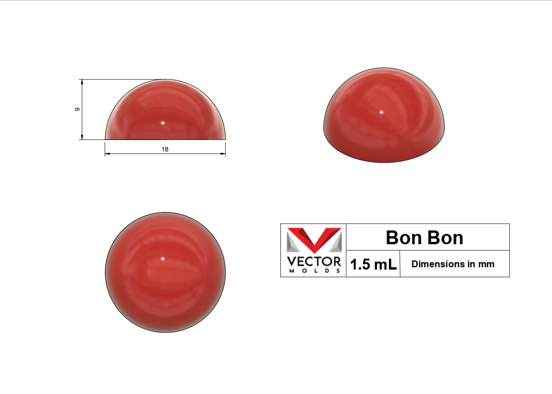 1.5mL bon bon silicone mold shape with dimensions in millimeters - top, side, and isometric views.