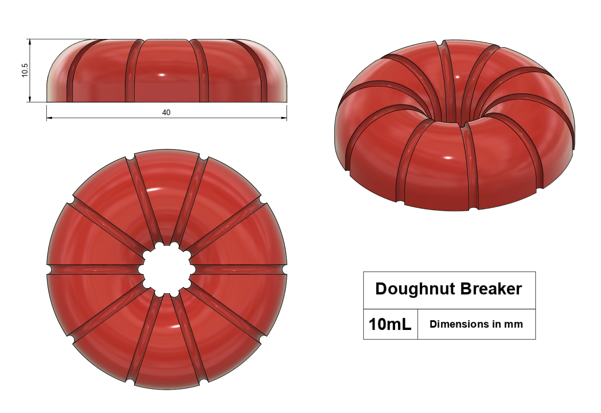 10mL Pie Breaker silicone mold shape with dimensions in millimeters - top, side, and isometric views.