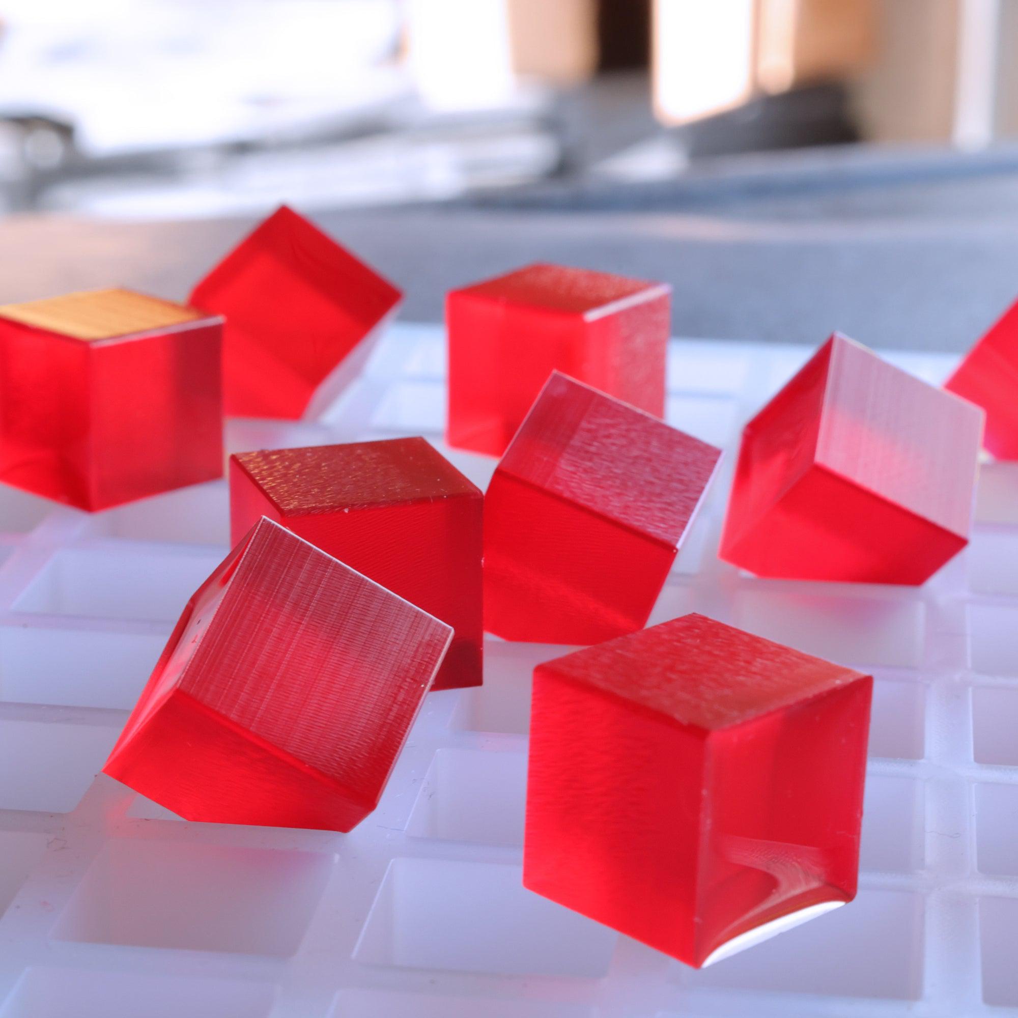 Close up of 3ml cube gummies in silicone mold showcasing the sharp lines of the cubes