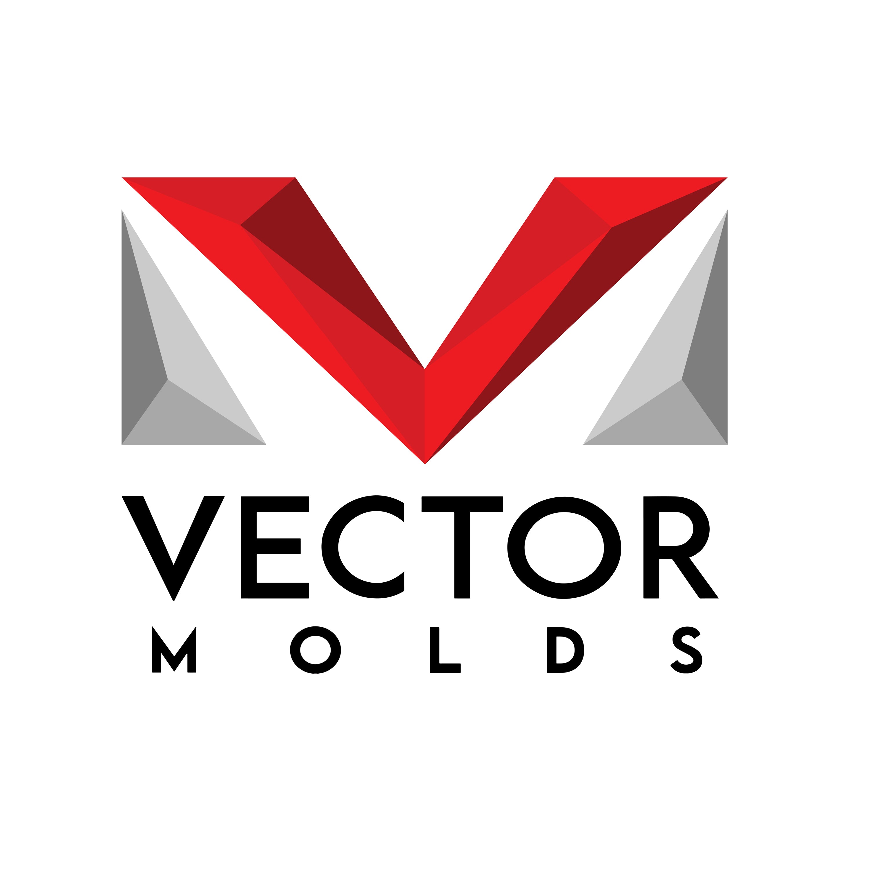 Logo for Vector Molds featuring a large red geometric "V" and two gray geometric shapes above the text "VECTOR MOLDS" in bold black letters on a white background.