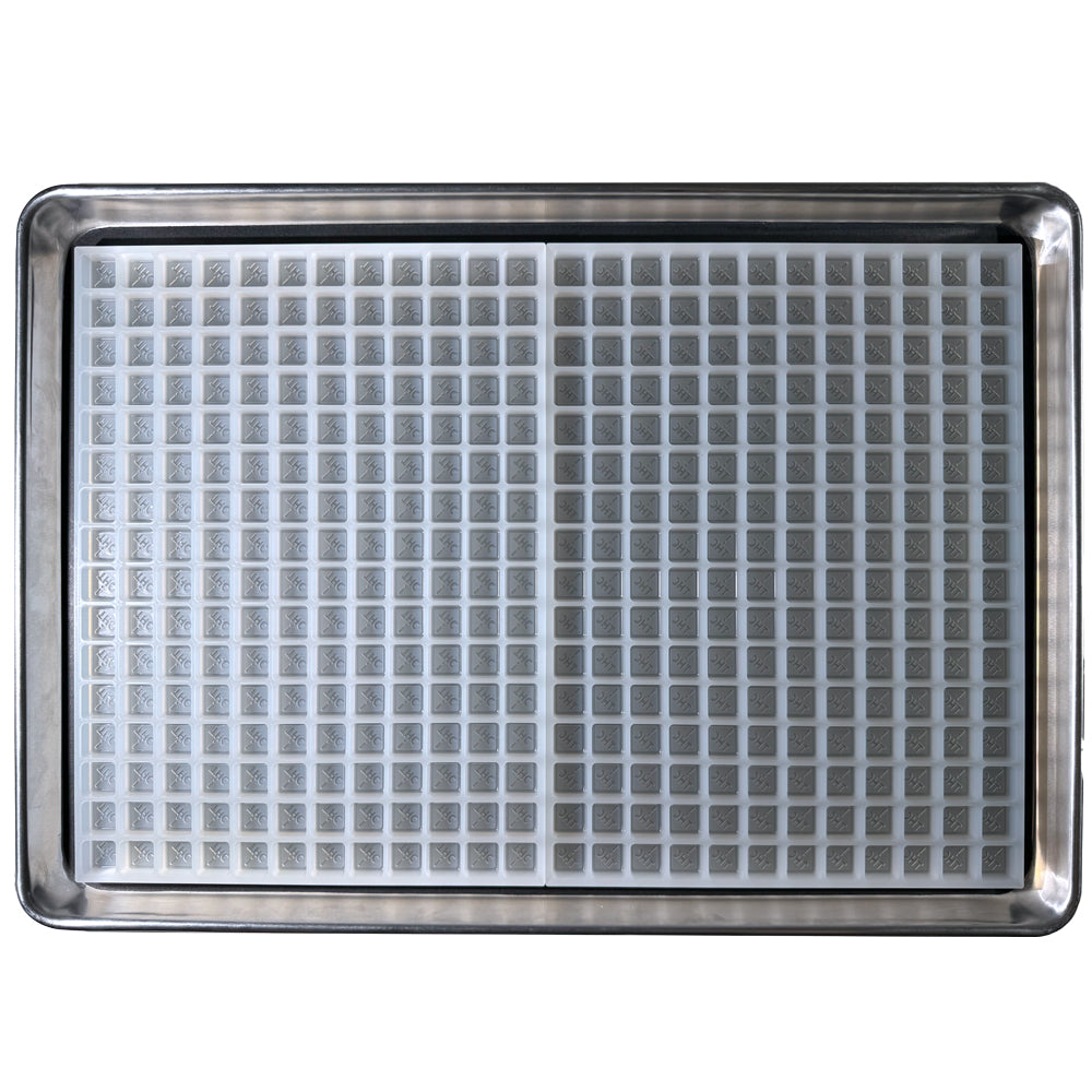 Top view of 2 of 4mL Square Edible Mold - Colorado, Ohio, New Mexico & Florida state Logo Mold - Sharp Half Sheet for Flood and Scrape- 192 Cavities in an industrial sheet pan. This precision, food grade silicone mold makes accurate doses with a state compliant symbol on top.
