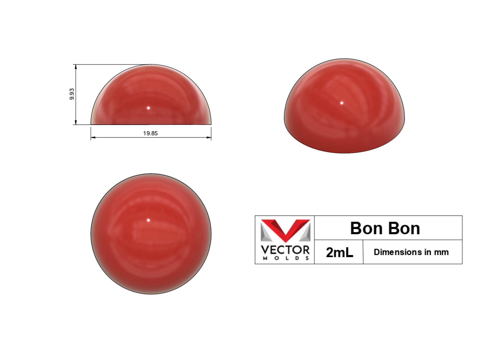 2mL Bon Bon silicone mold shape with dimensions in millimeters - top, side, and isometric views.
