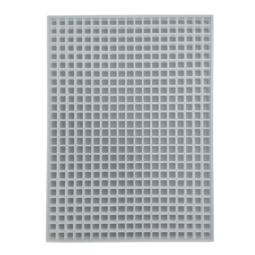 Top view of a 2 mL cube gummy mold with 494 cavities in a sharp half sheet format. Made from food grade silicone, ideal for hand pouring or flood-and-scrape gummy production. This precision silicone mold creates clean-edge cube gummies for supplement, candy, or wellness industries.