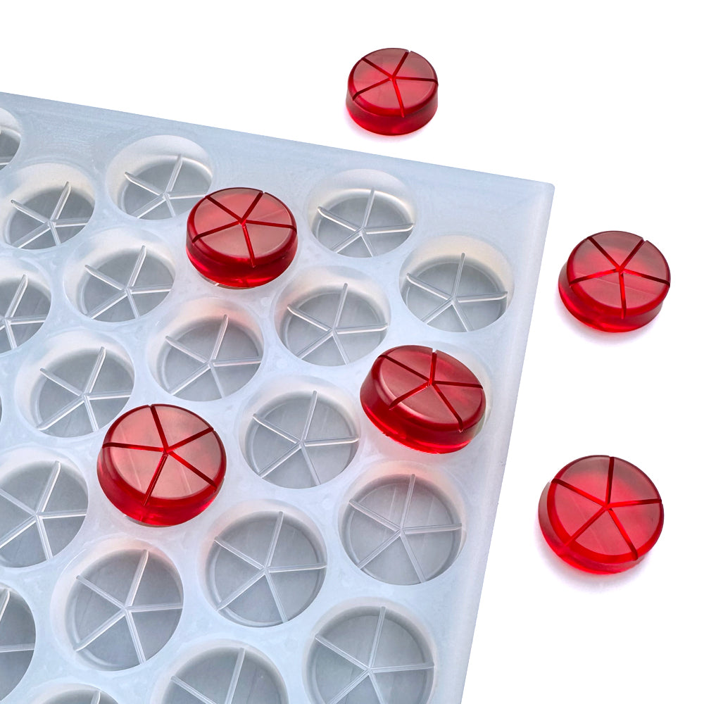 Custom food-grade silicone breaker gummy mold, 3.5ml round cavities with evenly cut lines for multidose use 0.7ml per cut piece, shown with red gummies, for flood & scrape