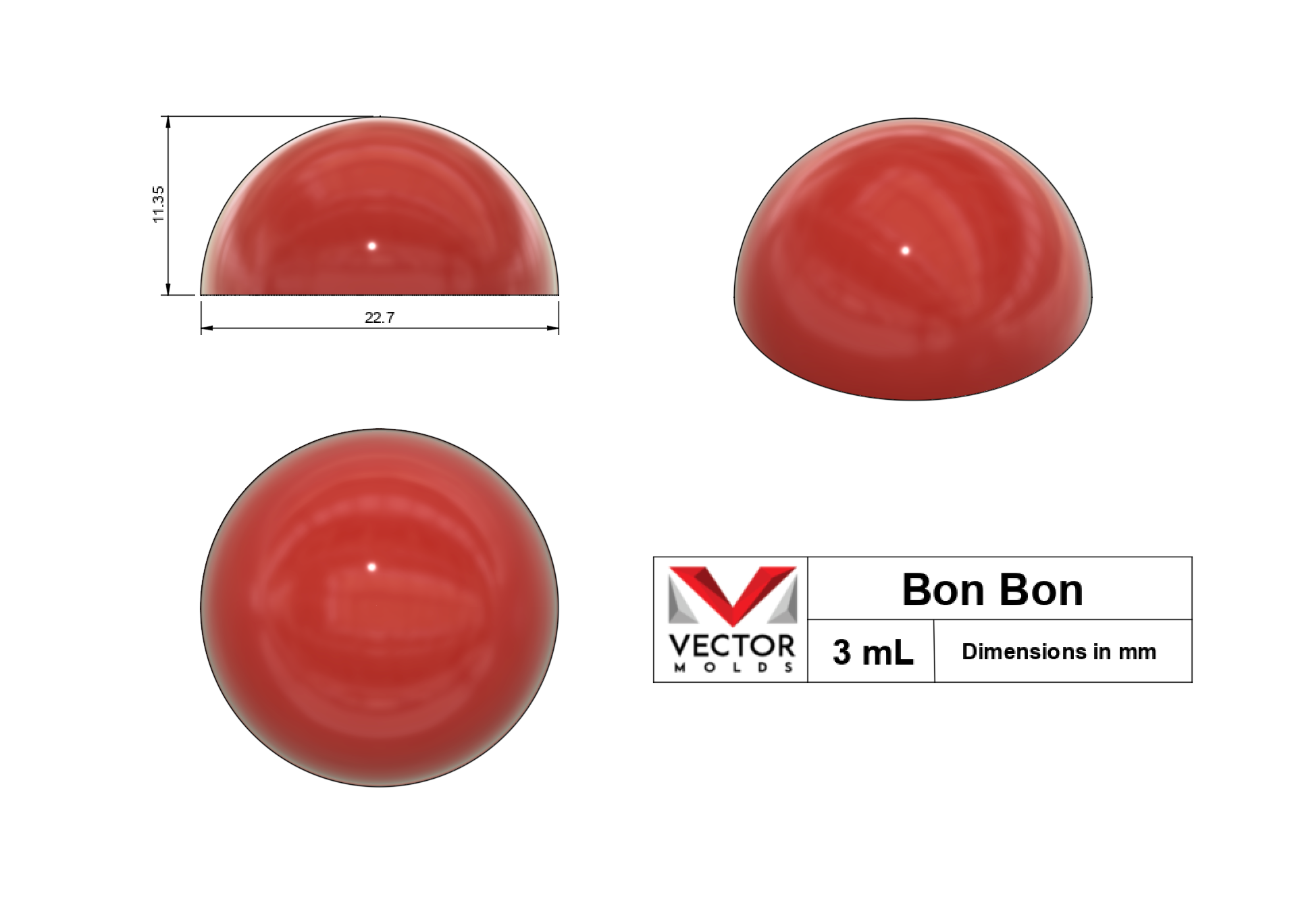 3mL Bon Bon silicone mold shape with dimensions in millimeters - top, side, and isometric views.