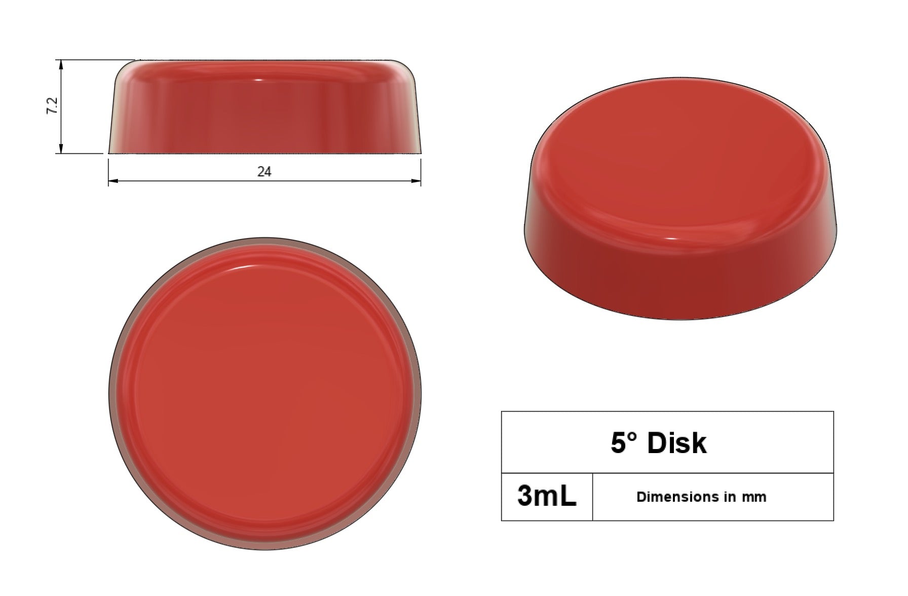 Technical diagram of a 3ml 5° disk gummy cavity, showing top, side, and isometric views with dimensions in millimeters: 24mm diameter and 7.2mm height.