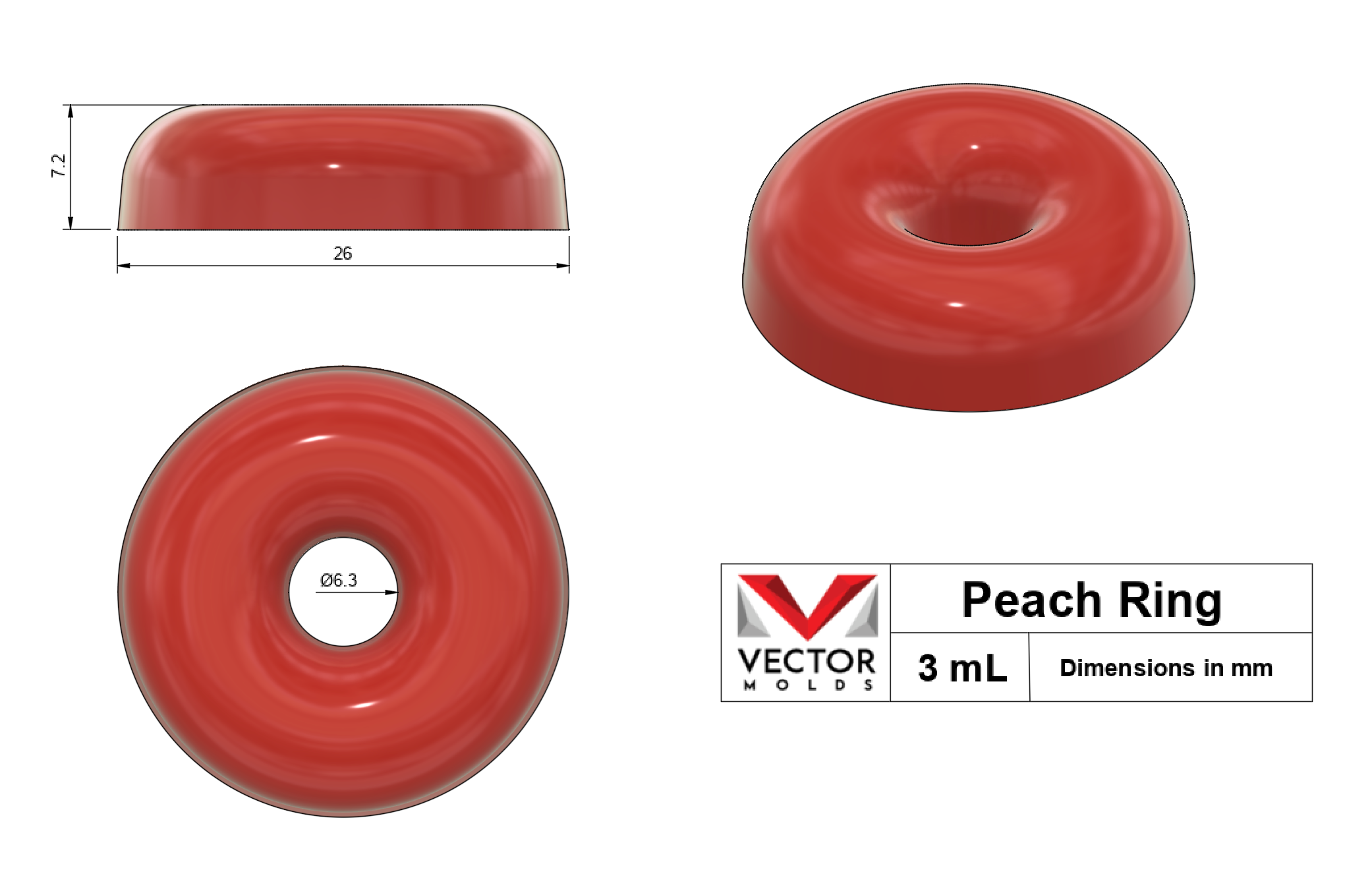 3mL Peach Ring silicone mold shape with dimensions in millimeters - top, side, and isometric views.