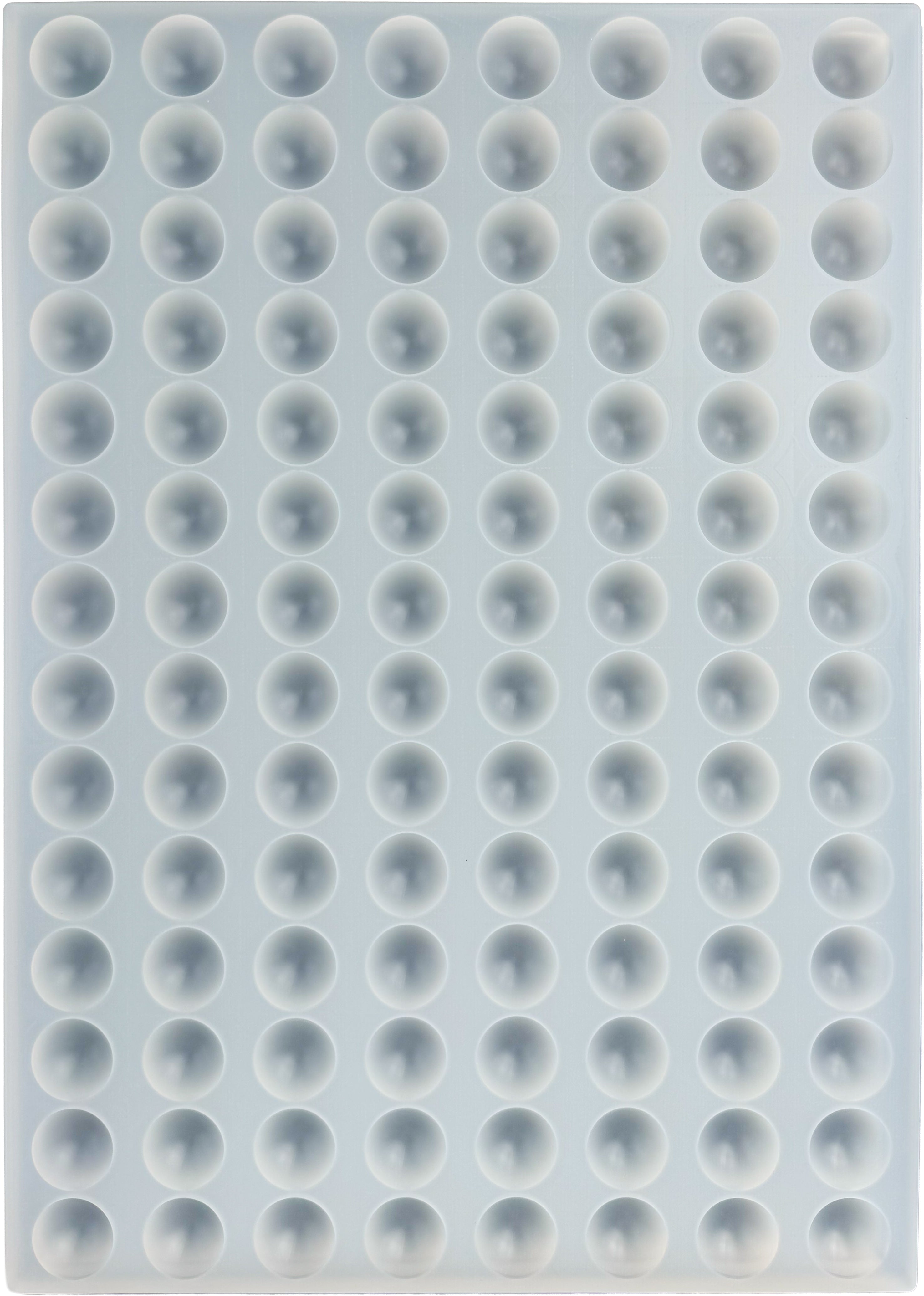 The Vector Molds 4 mL Bon Bon Gummy Mold features 112 half-sphere cavities, arranged like a lab microplate with twelve rows and eight columns, and is designed for universal depositor use in professional candy making.