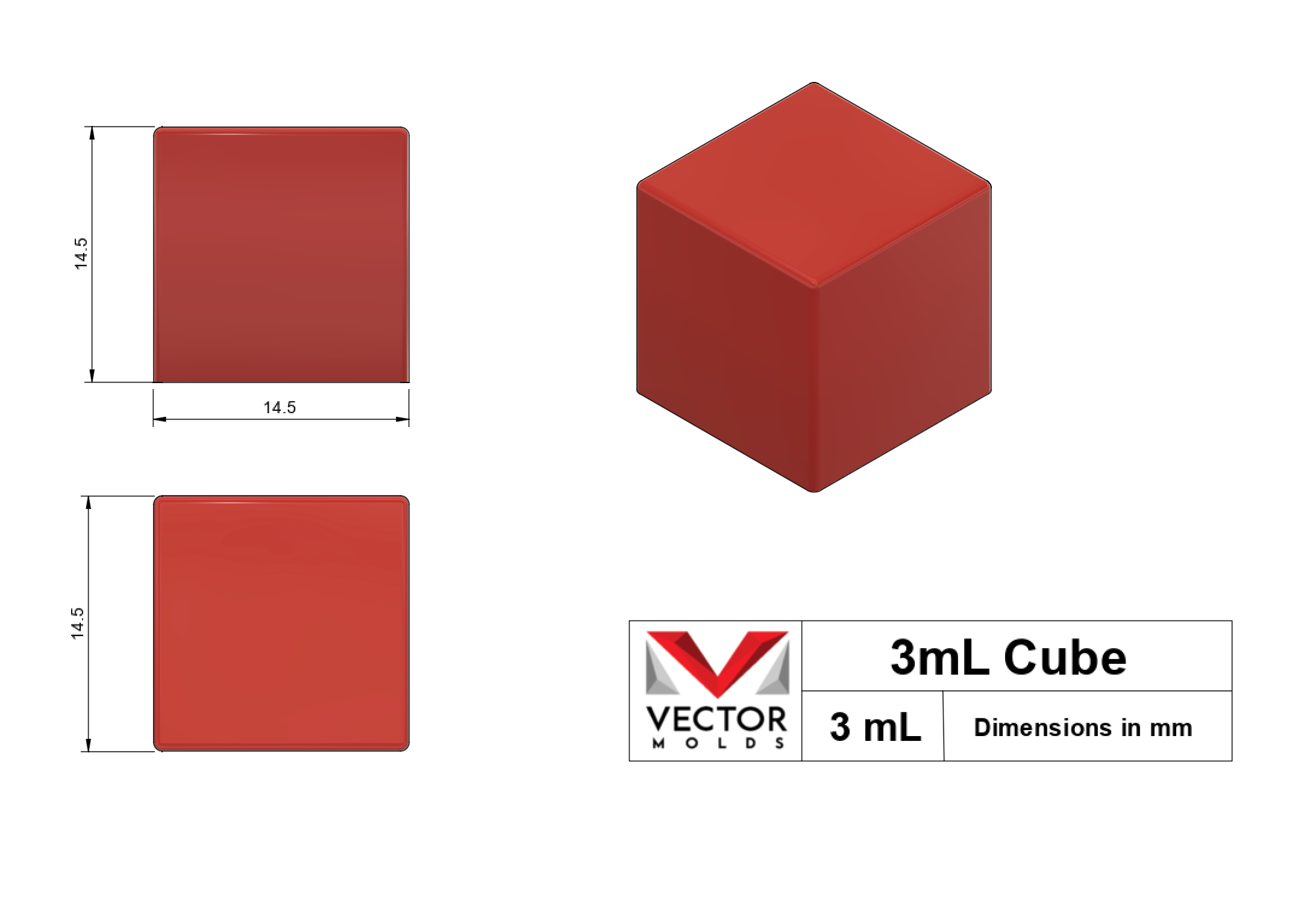 3mL Cube silicone mold shape with dimensions in millimeters - top, side, and isometric views.