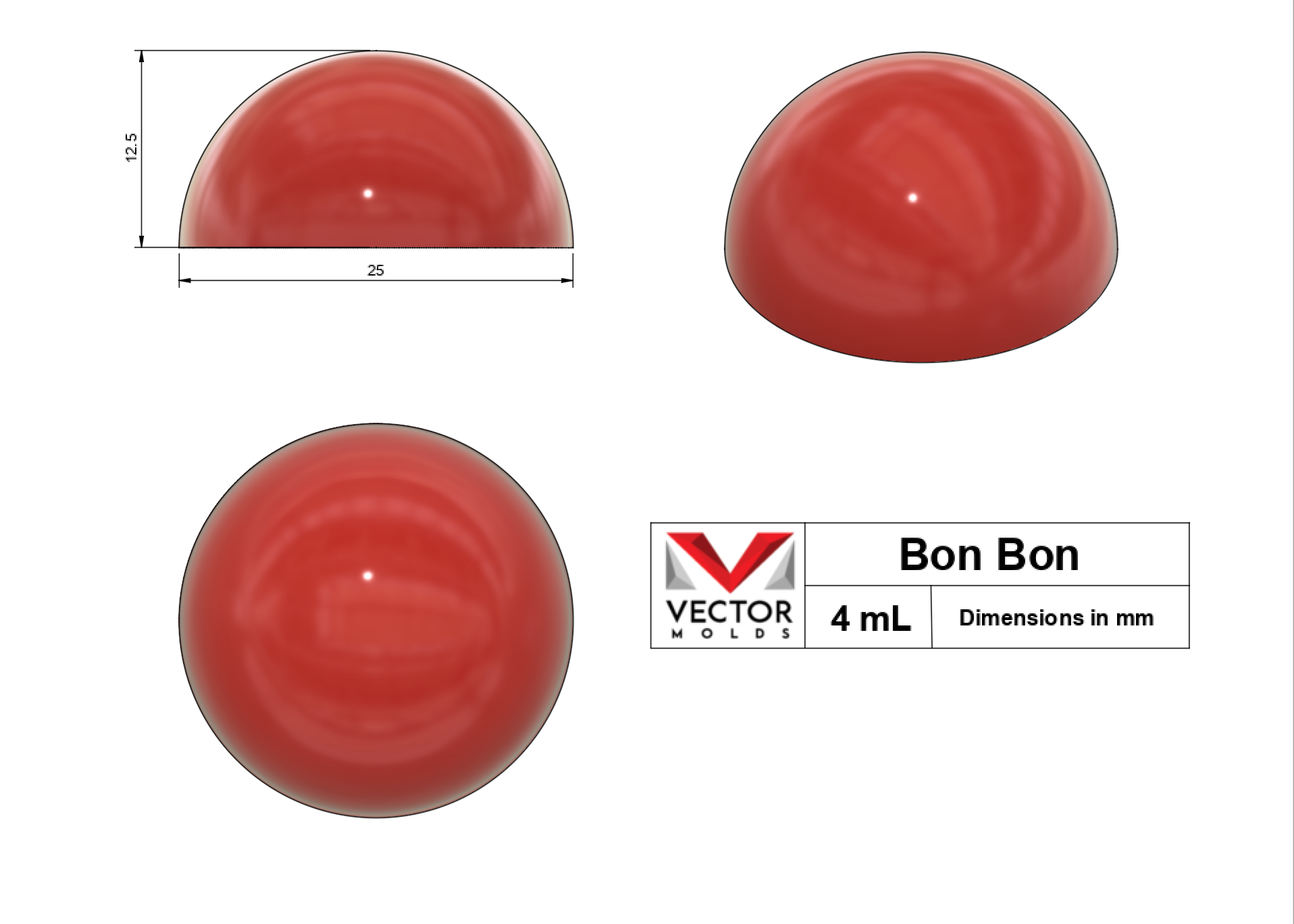 4mL Bon Bon silicone mold shape with dimensions in millimeters - top, side, and isometric views.
