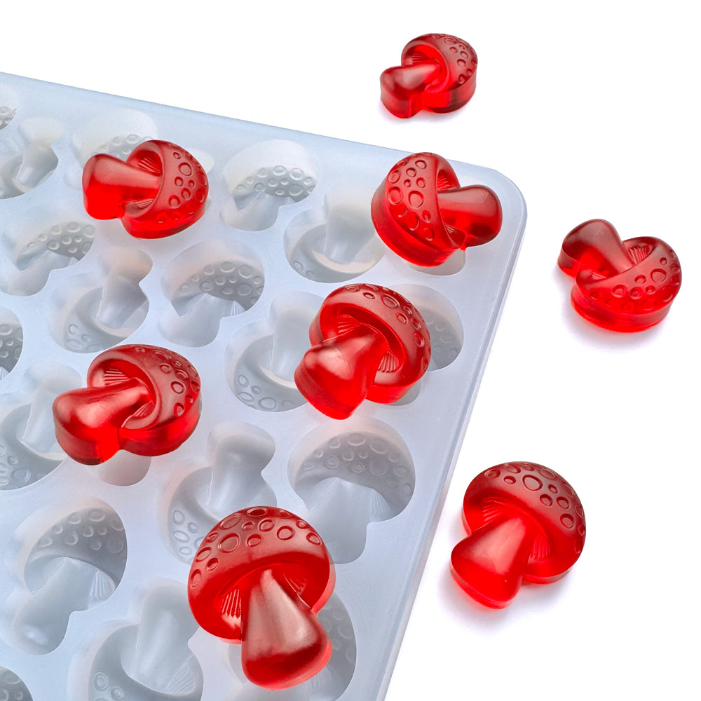 Food grade silicone mushroom gummy mold – 5 mL capacity, half sheet tray, perfect for custom candy production, and chocolate brands. Perfect for hand production.