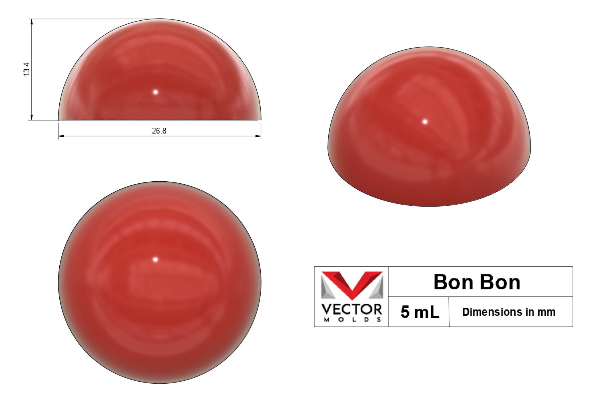 5mL silicone mold shape with dimensions in millimeters - top, side, and isometric views.