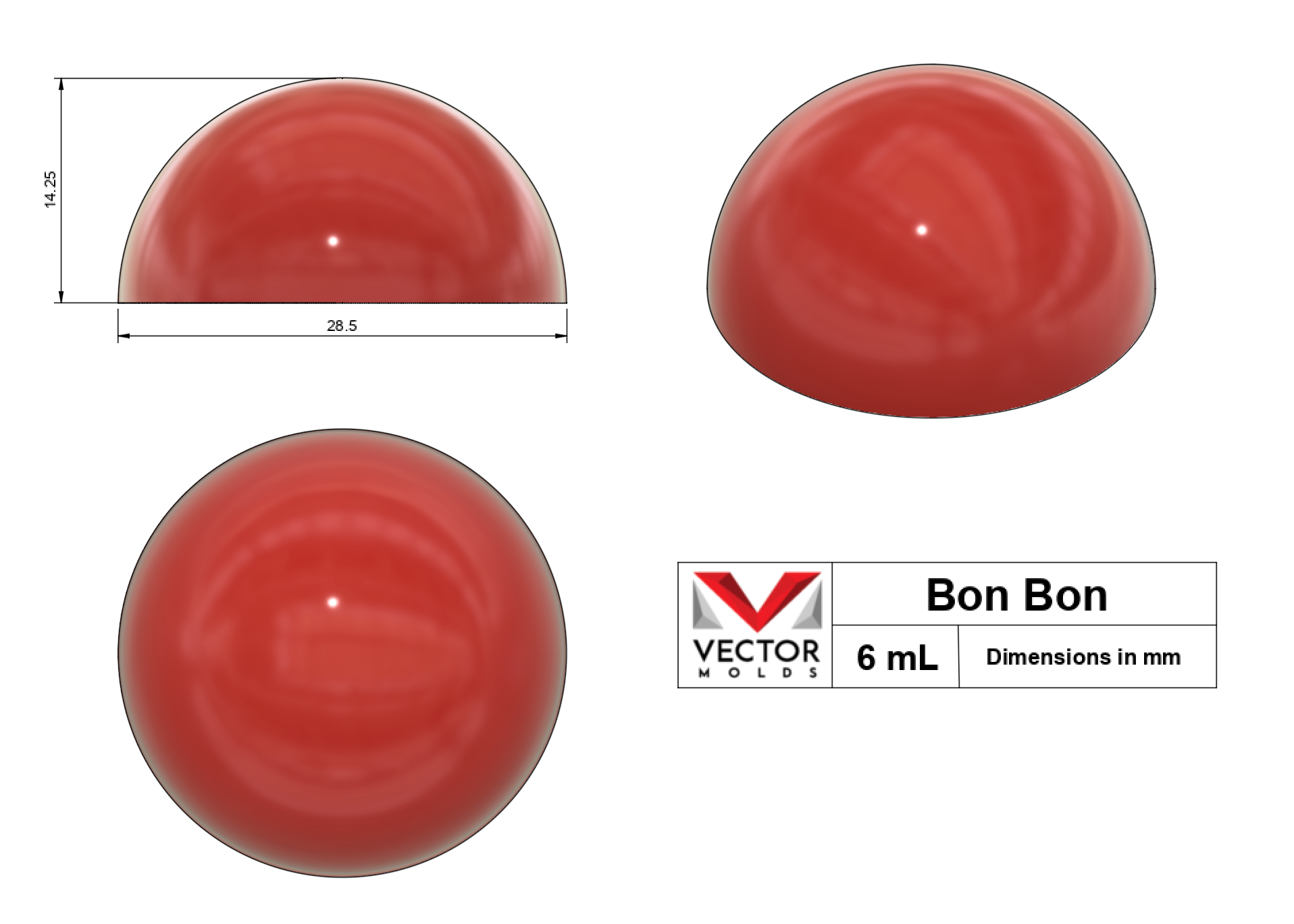 6mL Bon Bon silicone mold shape with dimensions in millimeters - top, side, and isometric views.