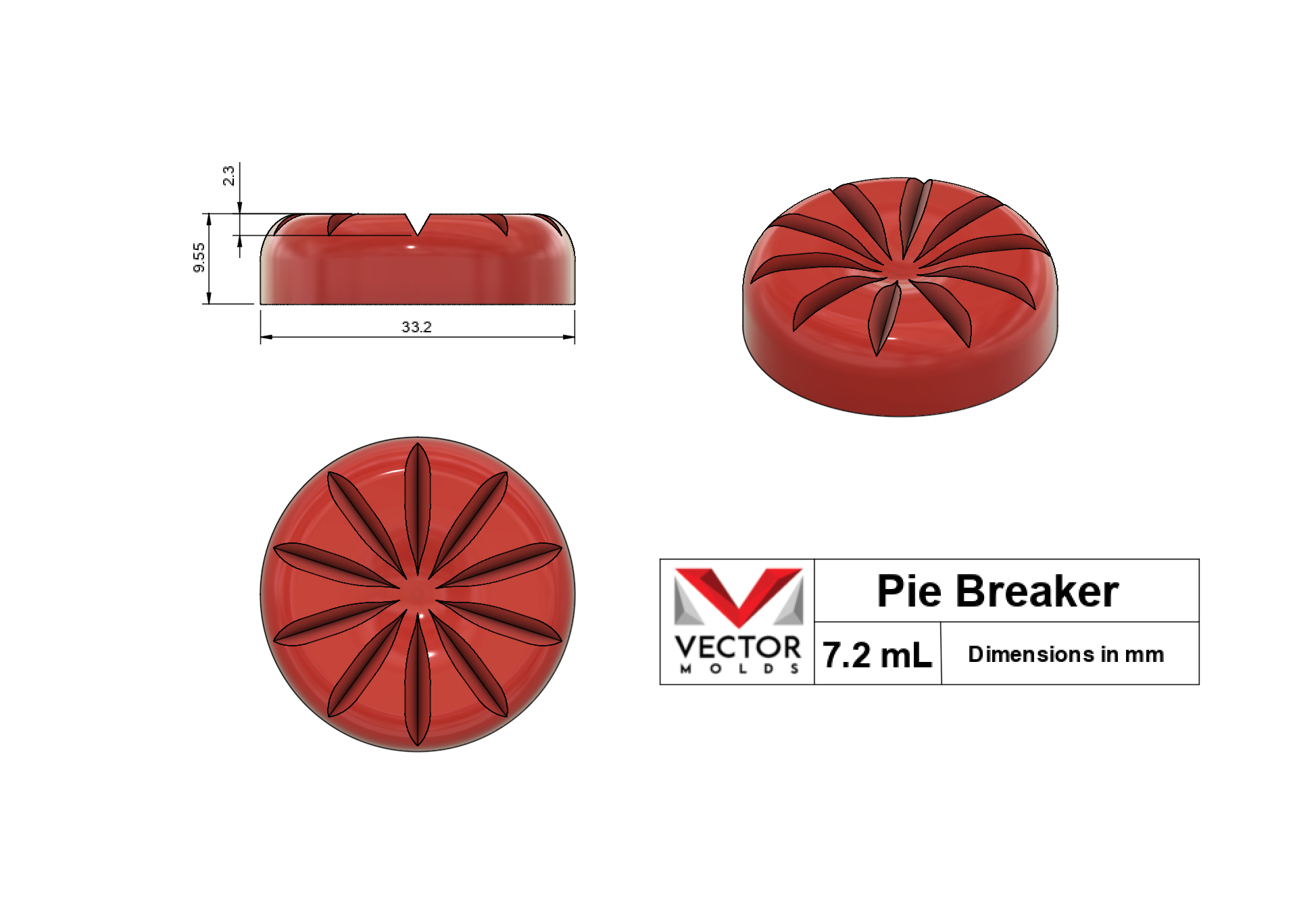 7.2mL Pie Breaker silicone mold shape with dimensions in millimeters - top, side, and isometric views.