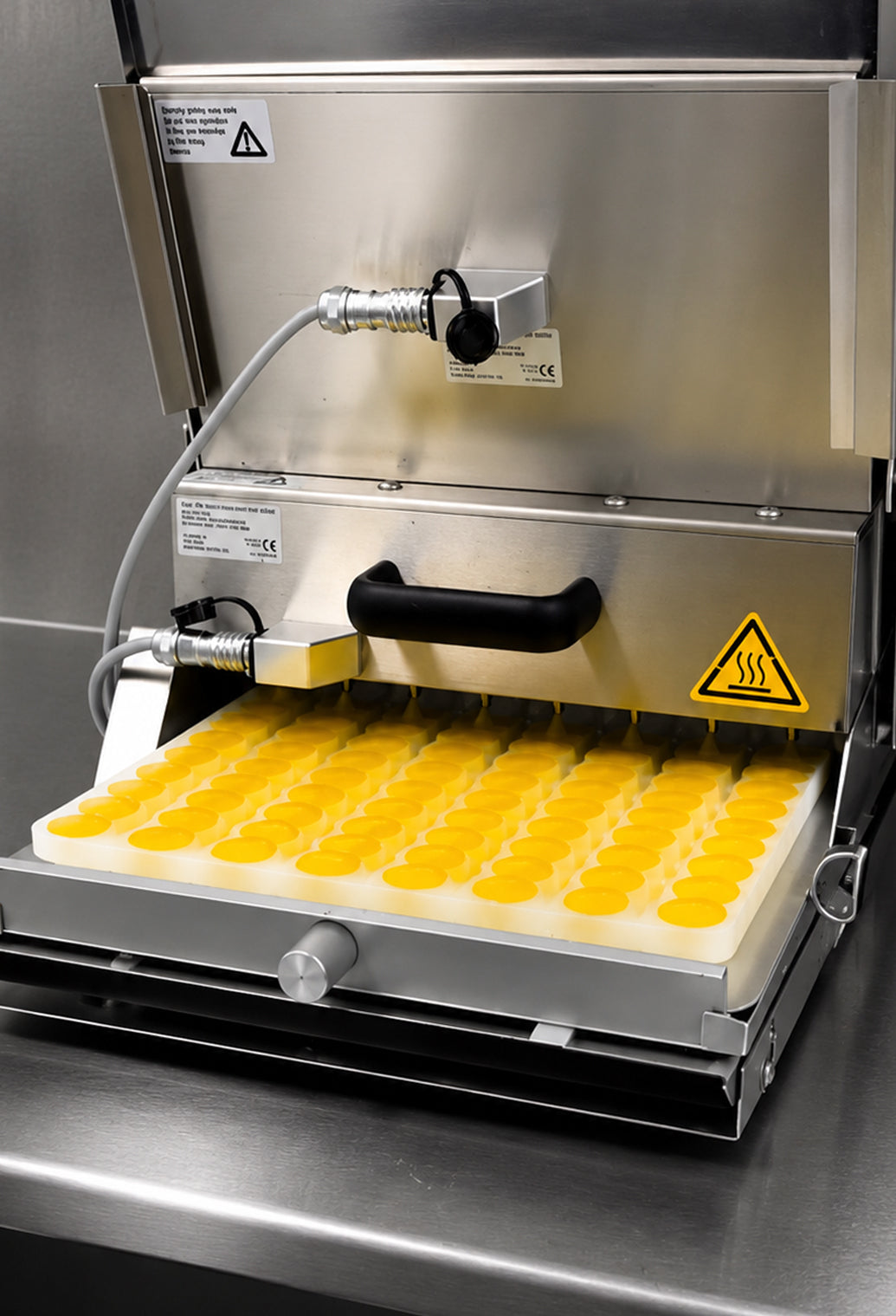 Premium industrial gummy depositor system running with high-performance food-grade silicone molds by Vector Molds. Precision-engineered platinum silicone molds designed for commercial gummy manufacturing, nutraceutical gummies, candy production, vitamin gummies, supplement gummies, chocolate molds, and high-volume confectionery production. Depositor-compatible silicone molds built for easy demolding, heat resistance, production efficiency, and consistent cavity accuracy. Made in the USA custom silicone mold