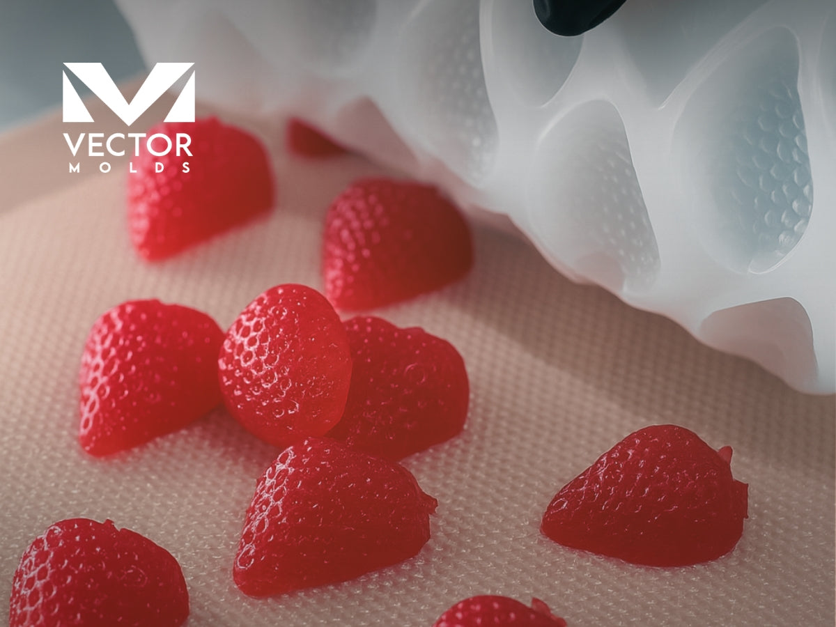 Close-up of custom food-grade silicone pyramid gummy mold, 4ml Strawberry demolding with glossy red gummies