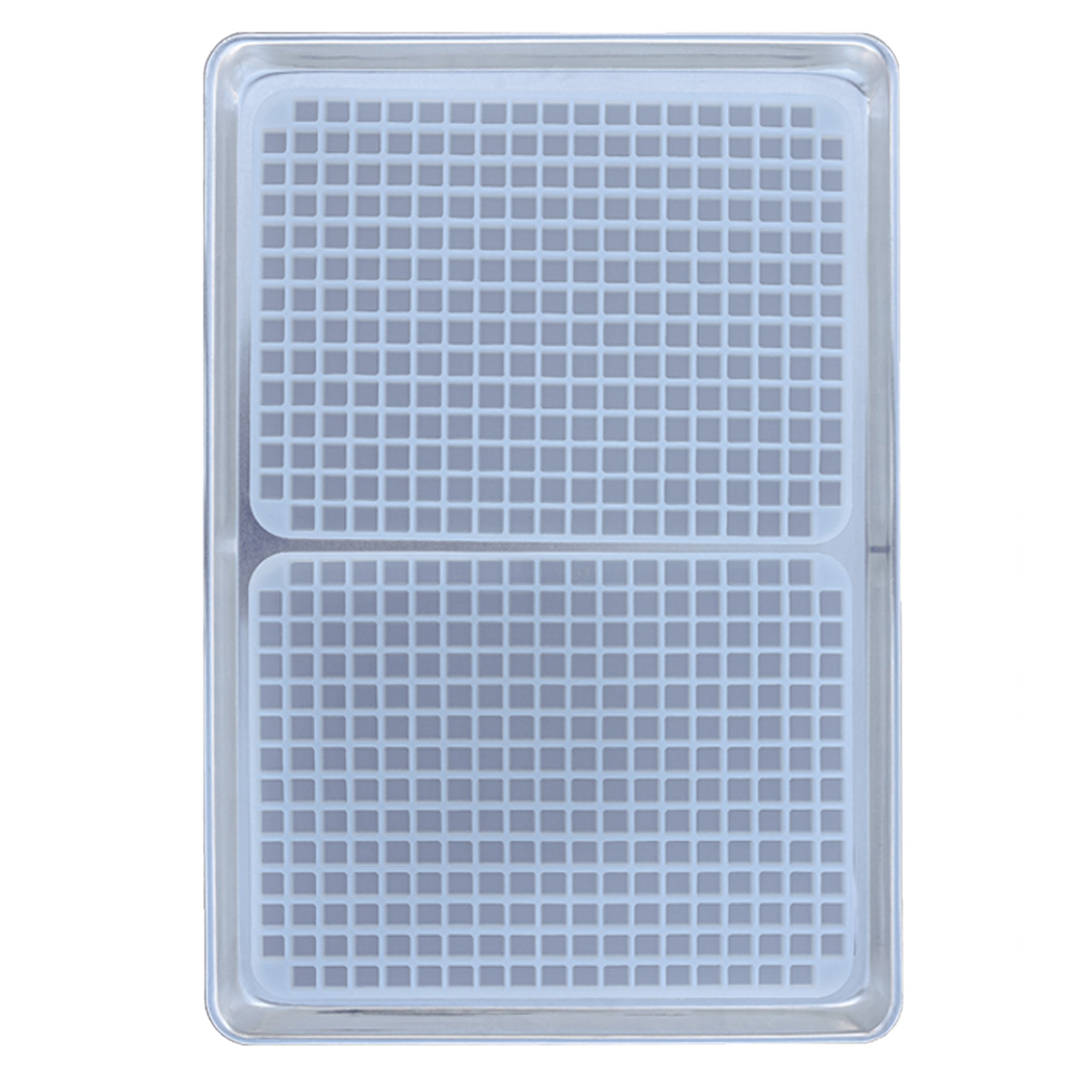A metal baking sheet with a removable, two-section silicone grid mat placed on top, viewed from above.