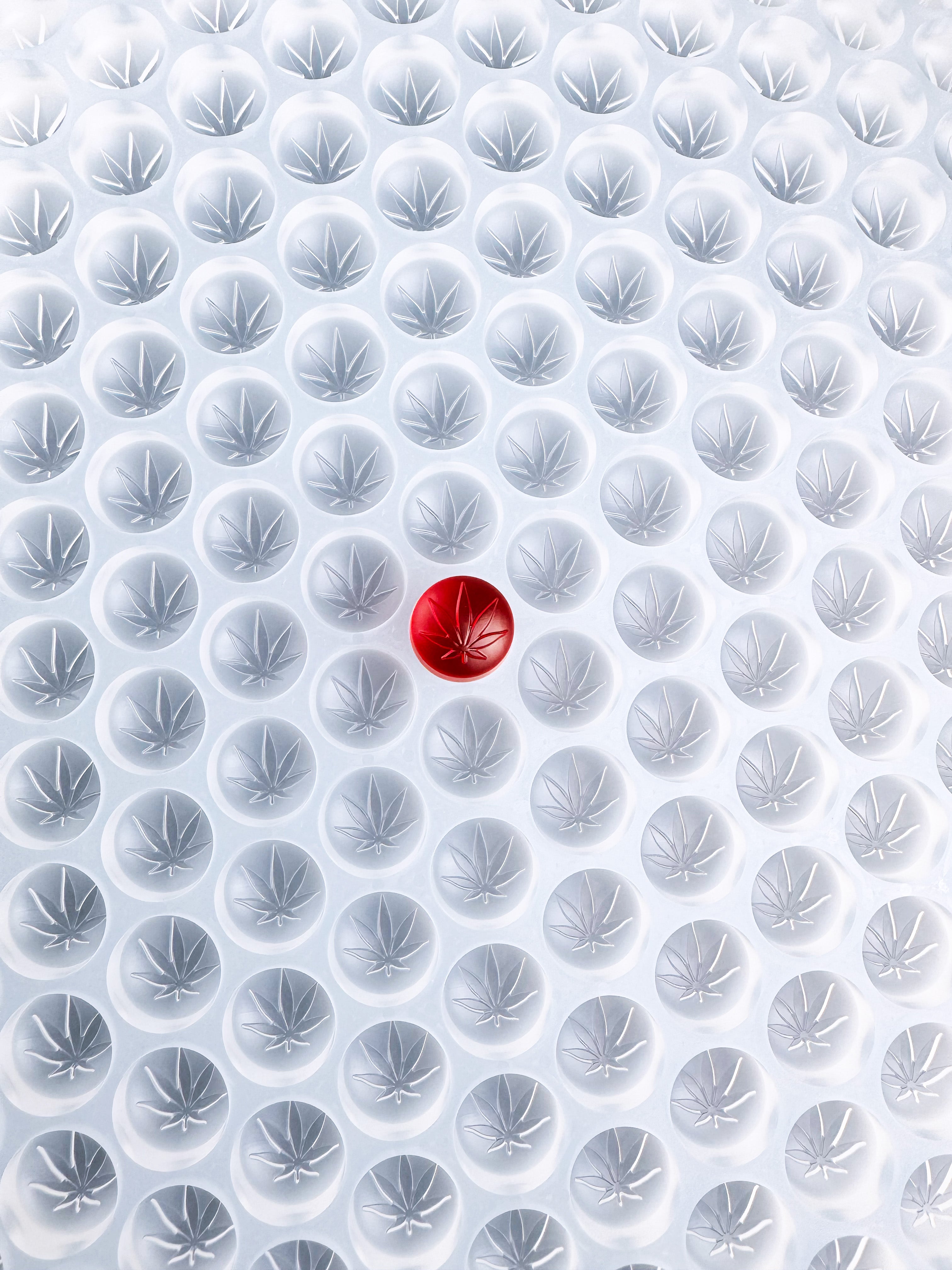 A grid of clear, leaf-patterned plastic bubbles with one red bubble in the center stands out among the rest.