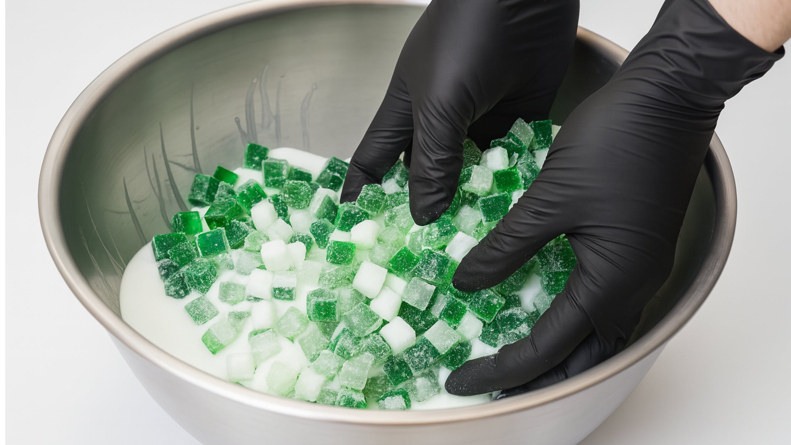 Gloved hands mixing small green and white cube-shaped pieces in a stainless steel bowl, showcasing uniform shape, sugar coating, and consistent sizing.
