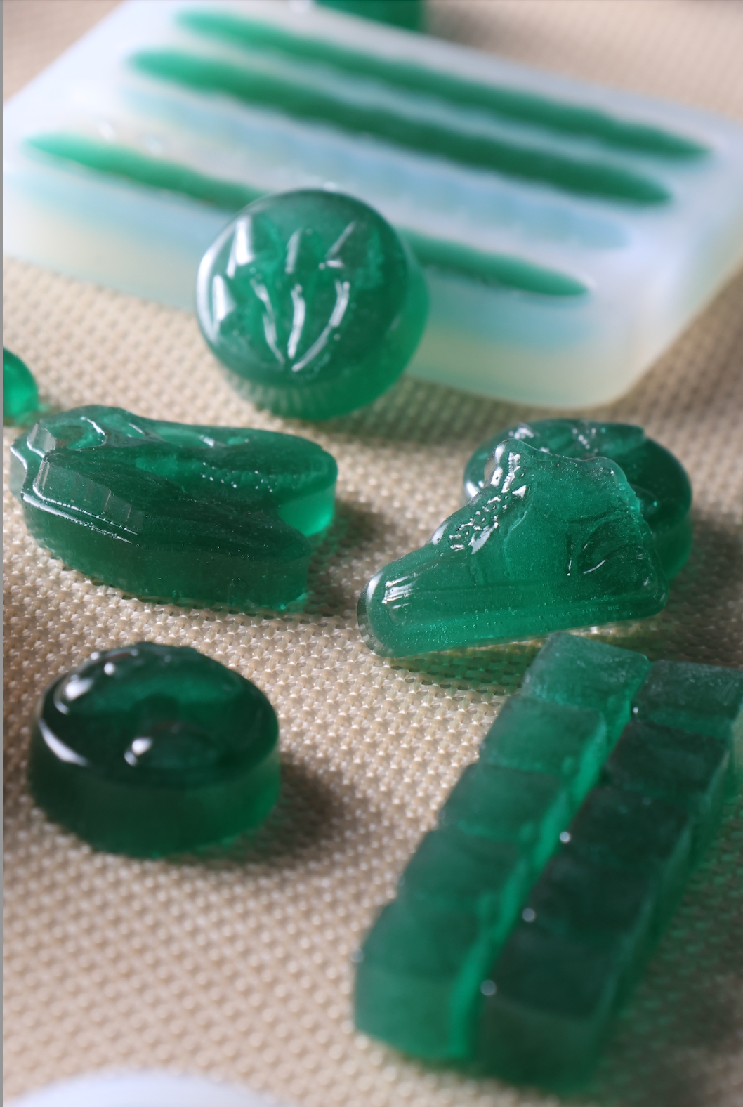 Highly detailed prototype outputs from depositor gummy molds, demonstrating the precise dimension control necessary for complex custom gummy molds manufacturing.