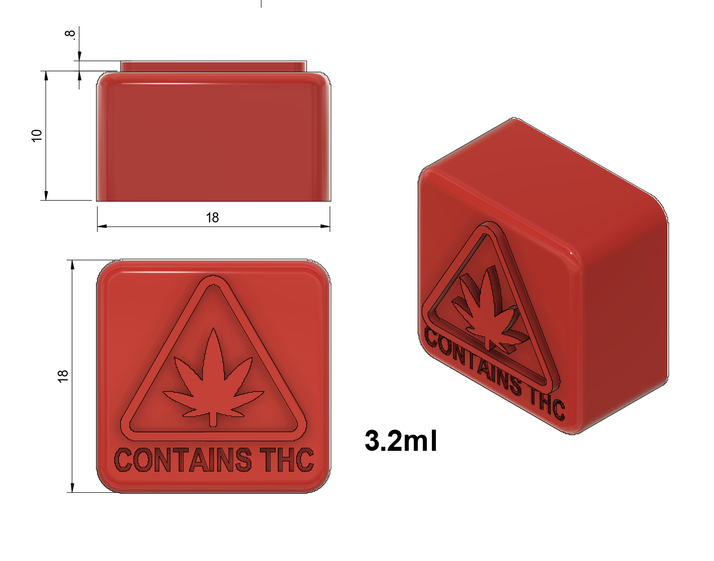 Rendering with measurements of 3.2mL Massachusetts, Maine, Rhode Island State Compliance Logo Square Gummy Mold Half Sheet. Food grade silicone mold for making gummies or candies with state compliance symbols. Two molds fit perfectly in an industrial sheet pan.