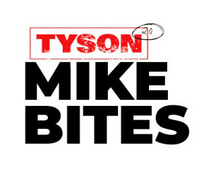 Logo featuring the word "TYSON" in a red box above large black text reading "MIKE BITES," with a small cartoon ear graphic alongside the text.