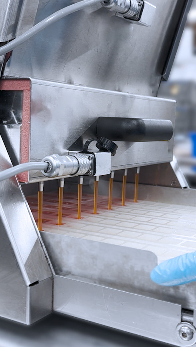 A close-up of a machine injecting liquid into a tray with multiple molds, with a gloved hand visible in the foreground.