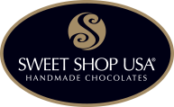 Sweet Shop USA logo with a stylized "S" and the text "Sweet Shop USA Handmade Chocolates" on a black oval background with a gold border.