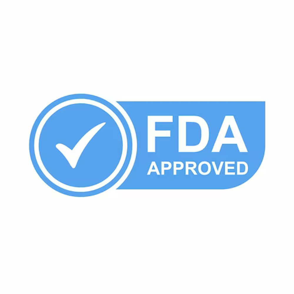 Blue and white graphic with a checkmark in a circle next to the text "FDA APPROVED" on a light background.