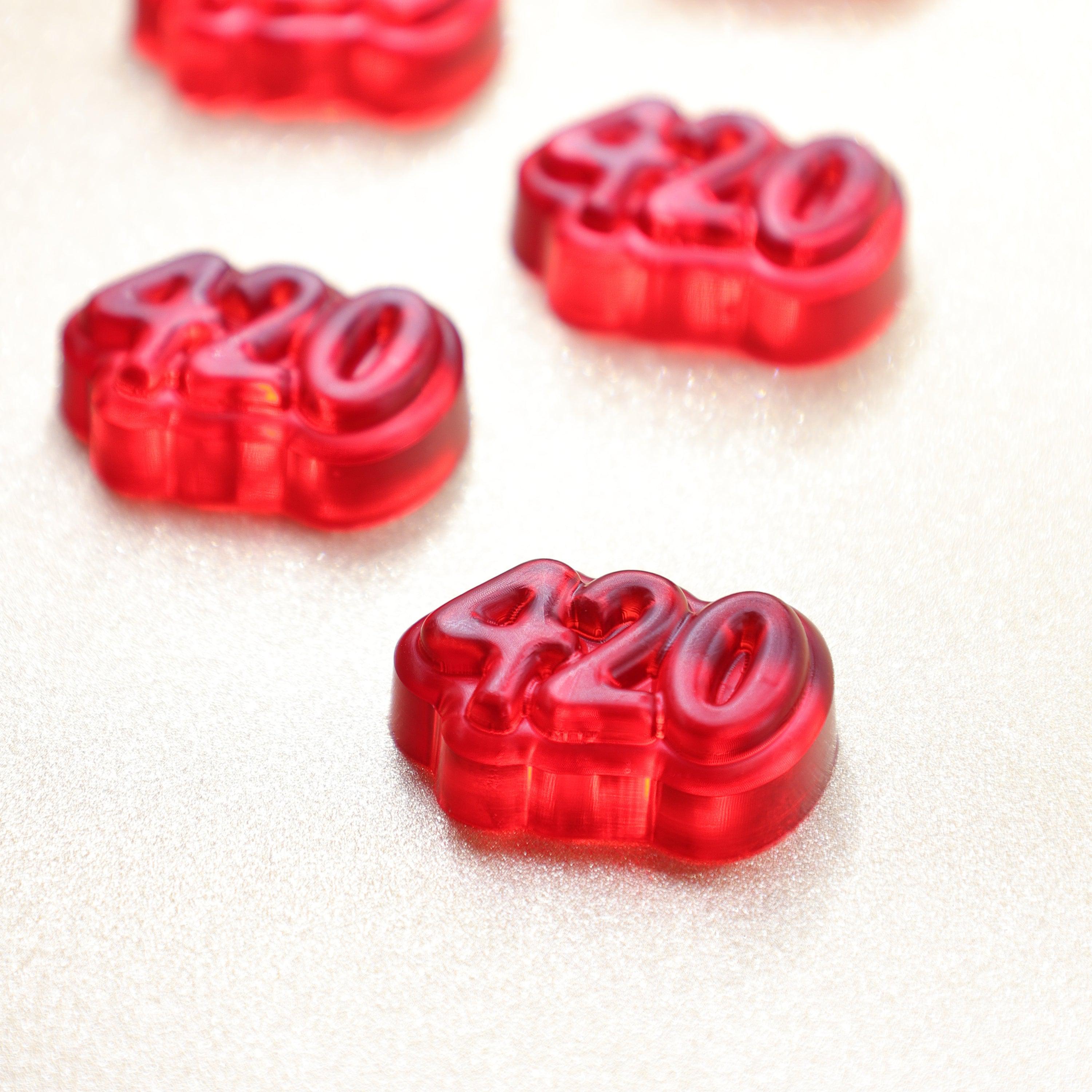 Close-up of 4ml 420 quarter sheet gummy showing the depth and design of the gummy