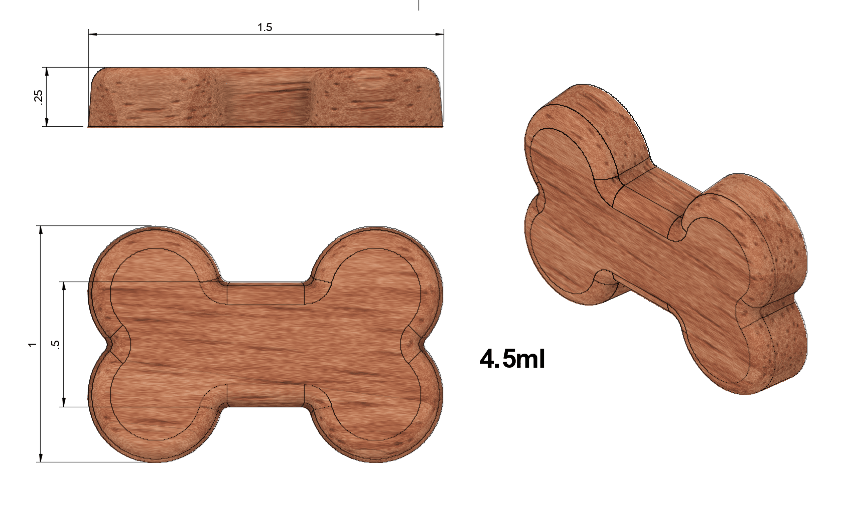 Rendering with measurements of A silicone mold with cavities shaped like bones, filled with gummy treats, on a white background. Perfect precision molds for creating accurately dosed treats for you pets. Peanut butter, Ground meat, or oatmeal snacks can be made and baked in this food grade mold.