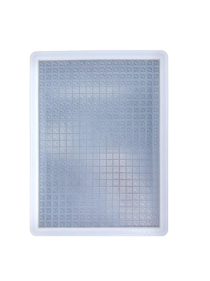Overhead view of 3 mL Square Gummy Slab Mold - CO, OH, NM & FL regulatory Logo Mold - Half Sheet - 1 Large Cavity can be cut into 450 individual gummies. Food grade silicone mold for accurate dosing every time.