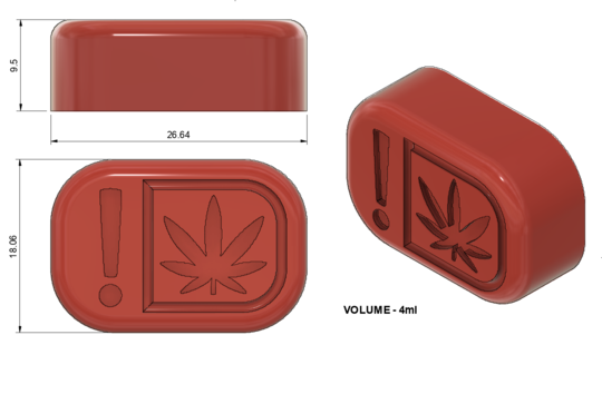 Rendering with measurements of 4 mL Oklahoma and Oregon State Compliance symbol Rounded Brick Silicone Mold. Perfect for hand pouring or flood and scrape gummy manufacturing. Precision made for precise dosing. Food grade and oven/dishwasher safe molds.