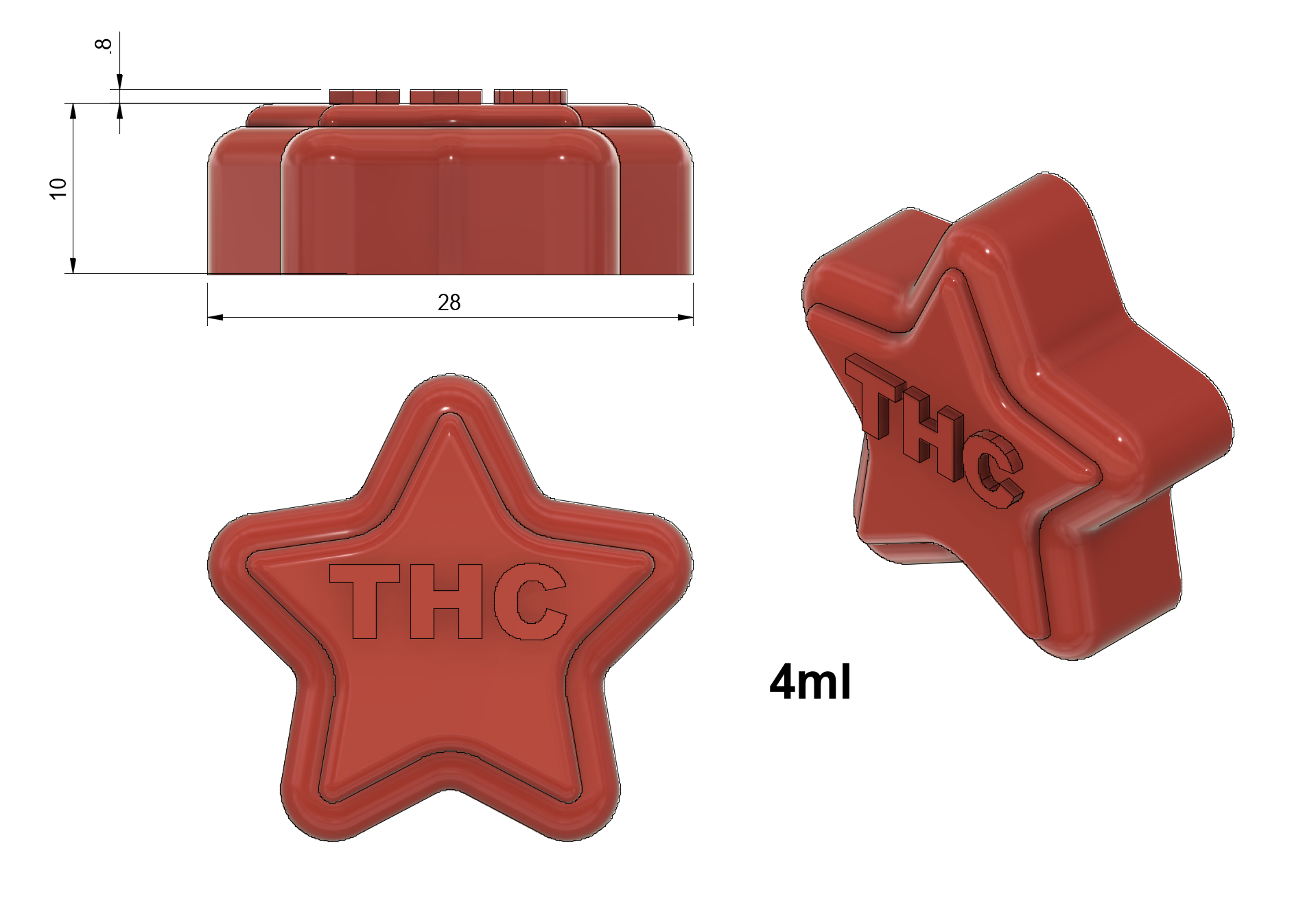Rendering with dimensions of 4ml THC STAR Food grade Silicone Gummy Mold for a HalfSheet Industrial kitchen Sheet pan. Fun Shape with letters that pop. Perfect for hand pouring/flood and scrape.