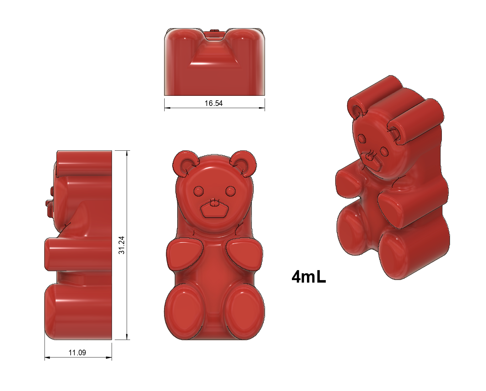The Vector Molds 4 mL Gummy Bear Mold - Sharp Half Sheet (204 cavities) features red, bear-shaped models (16.54 mm x 31.24 mm x 11.09 mm), shown from multiple angles—perfect for professional food grade silicone or bear candy mold designs.