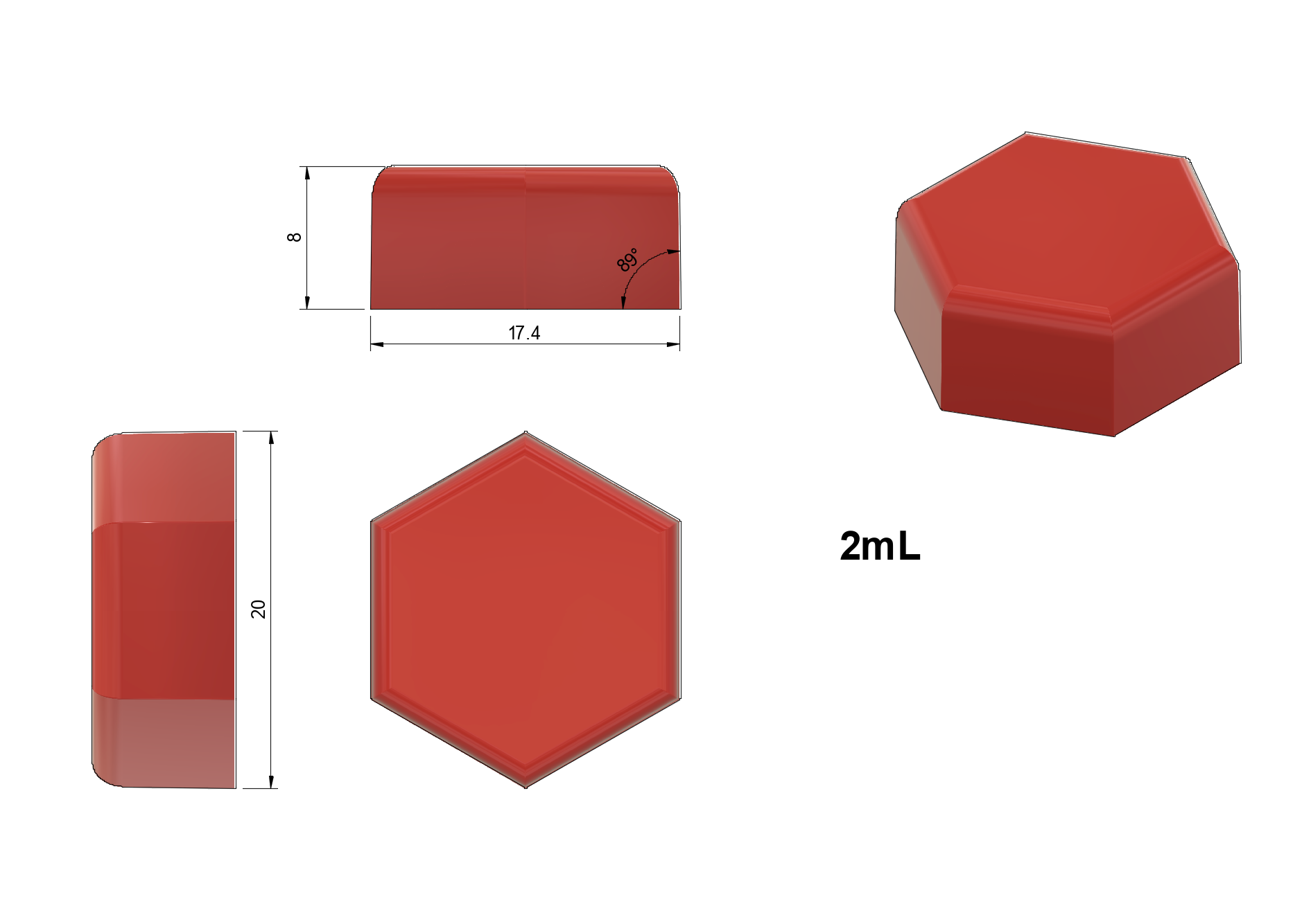 3D model of the Vector Molds 2 mL Hexagon Gummy Mold - Half Sheet (331 cavities), red food-grade silicone, 20 mm wide, 8 mm tall, 17.4 mm side length, marked "2mL"—ideal for candy or silicone gummy making.
