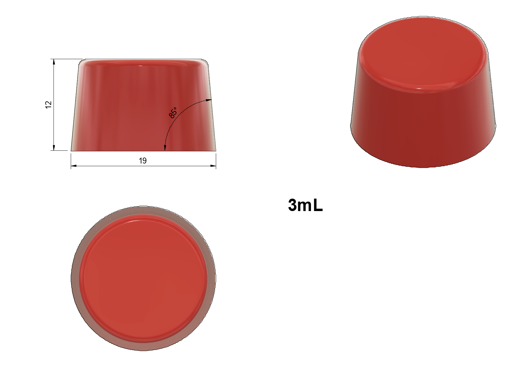 Vector Molds 3 mL Rolo Shape Gummy Mold (Universal Depositor, 144 cavities) features red plastic caps (19 mm base, 12 mm height, 65° angle), shown in side/top/angled views; pairs with cylinder candy or silicone gummy molds.