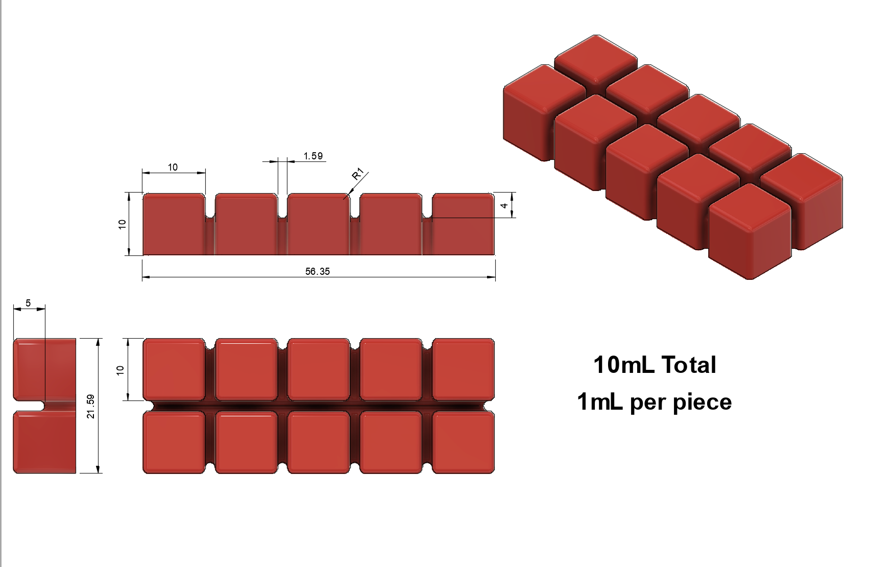 3D render and technical drawing of the Vector Molds 10 mL 3D Multidose Bar Gummy Mold – Universal Depositor, showing its 60 cavities with clearly labeled measurements and dimensions.