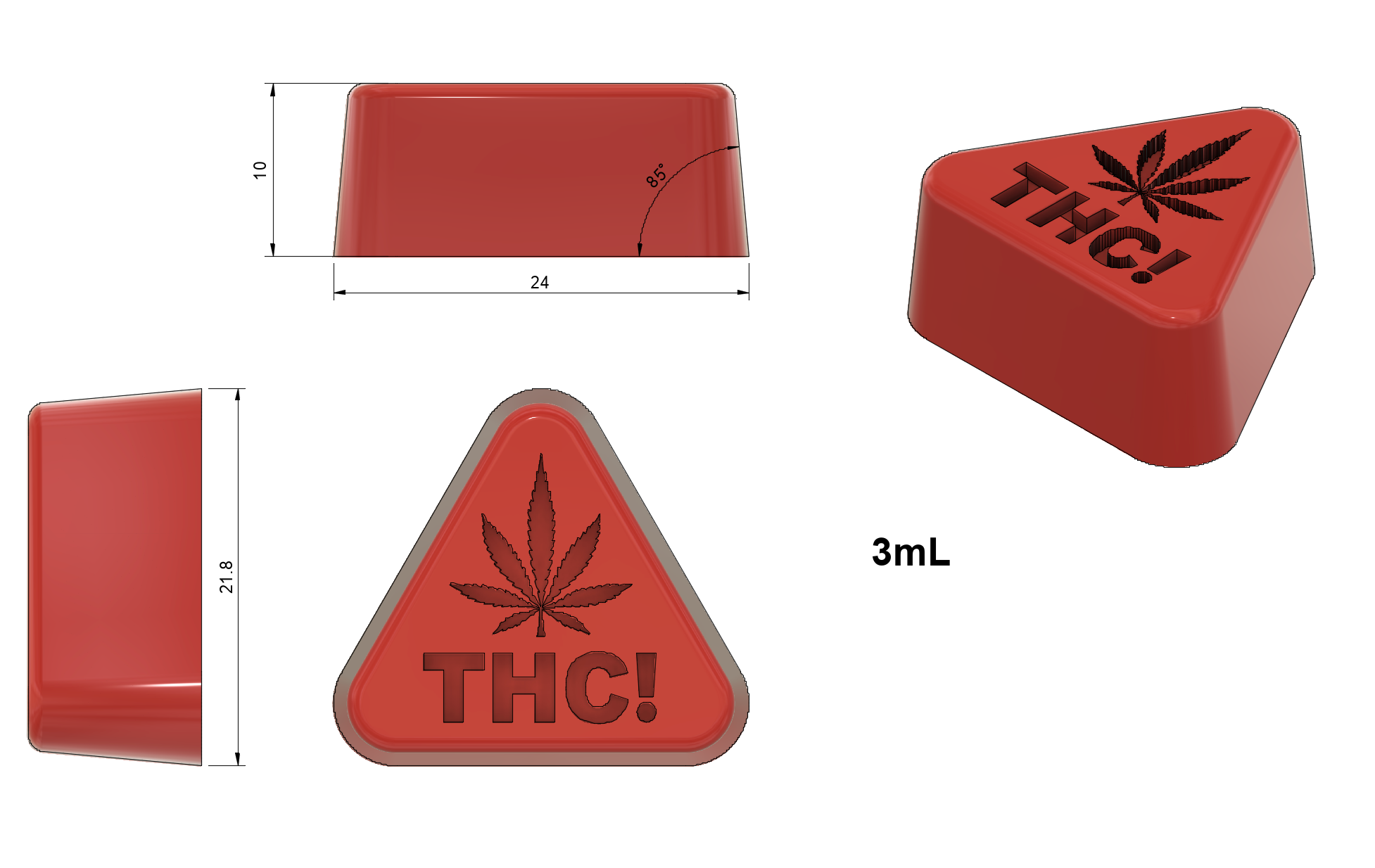 3mL NY Triangle with state compliant design silicone mold shape with dimensions in millimeters - top, side, and isometric views.