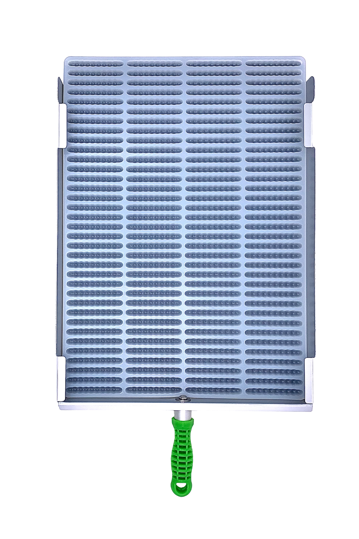The Vector Molds 4 mL Gummy Worm Mold - Universal Depositor features 140 rectangular gray food-grade silicone cavities with raised ridges and a green handle at the bottom, shown from above on a white background.