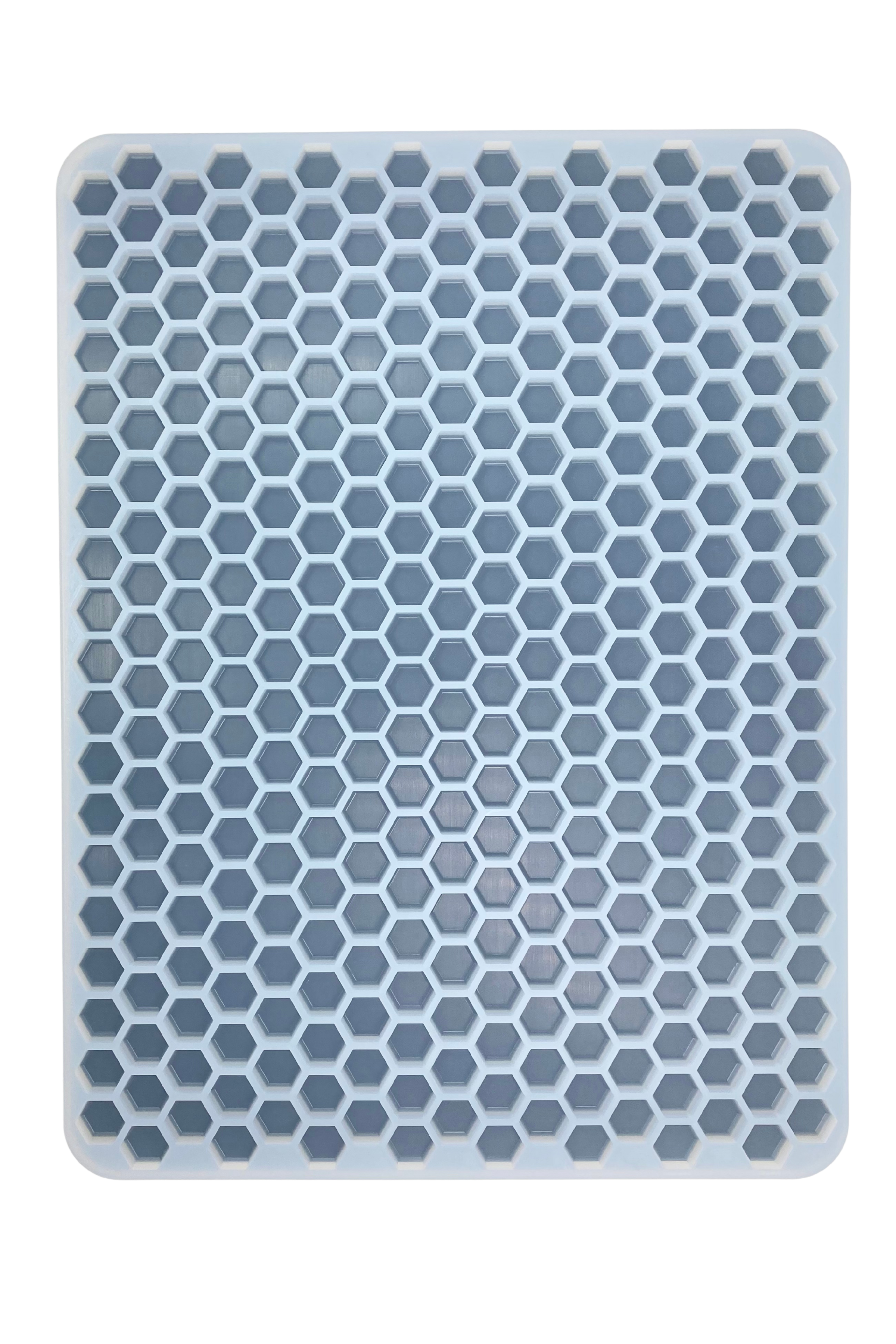 The Vector Molds 2 mL Hexagon Gummy Mold - Half Sheet has 331 white honeycomb-patterned cavities over a blue base, ideal for making hexagon-shaped candies from food-grade silicone.