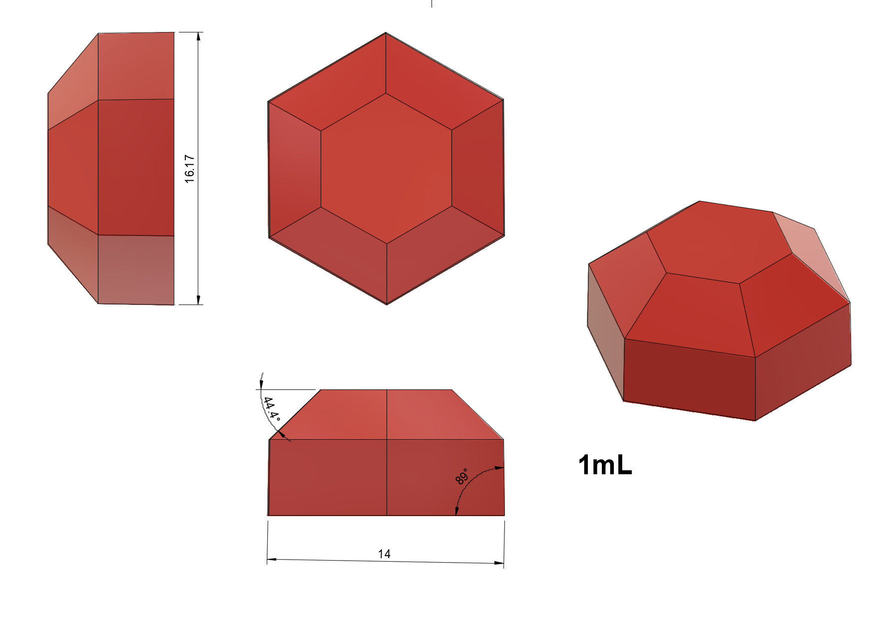 1ml hexagon gem sharp mold cavity dimensions – height, width, and side angles shown