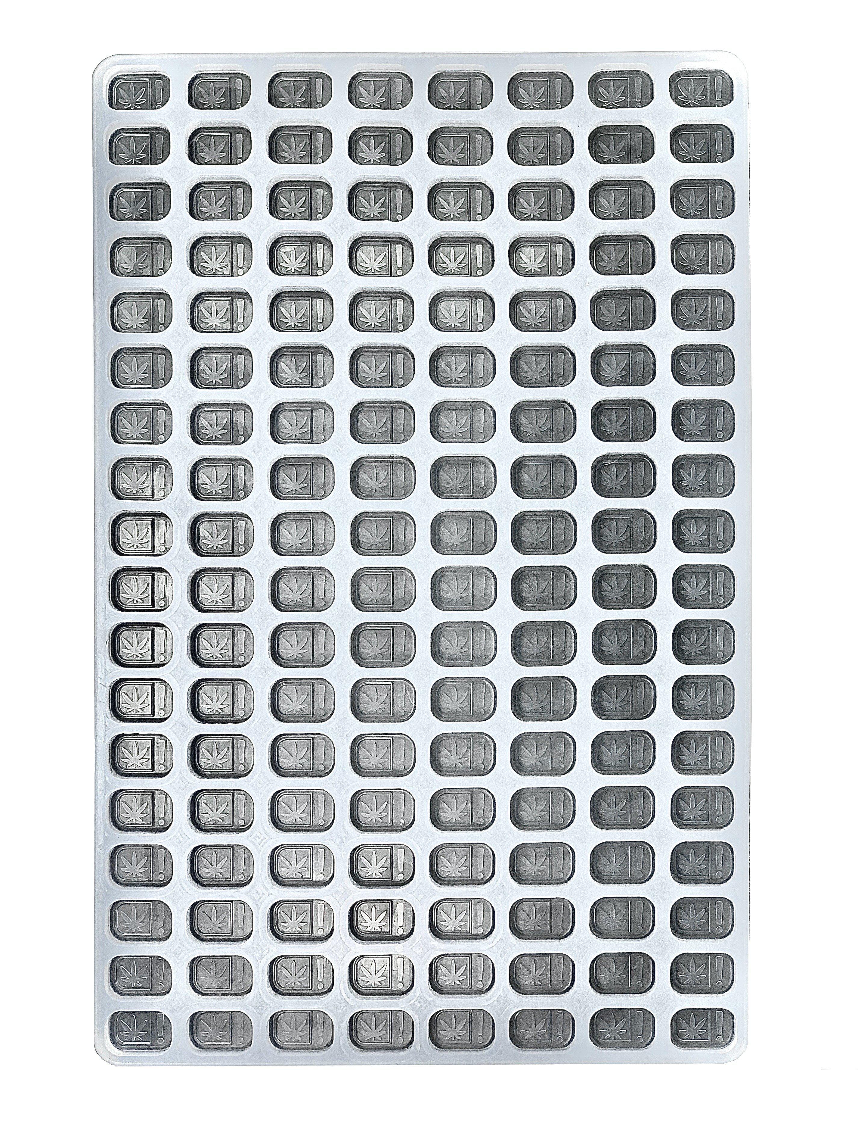 full mold view of 4 mL Oklahoma and Oregon State Compliance symbol Rounded Brick Depositor silicone mold with 144 cavities. Perfect or universal depositor gummy manufacturing. Precision made for precise dosing. Food grade and oven/dishwasher safe molds.