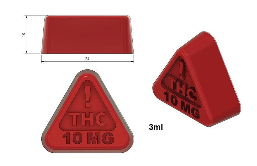 Rendering with measurements of 3ml Nevada state compliance triangle silicone gummy mold with 10mg. Accurate food grade silicone gummy molds for precise dosing.