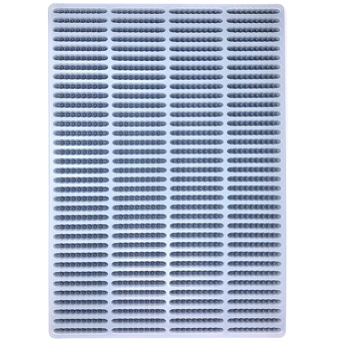 The Vector Molds 4 mL Gummy Worm Mold features 140 round cavities arranged in a grid, designed for universal depositors and made from rectangular platinum silicone, as seen from above.