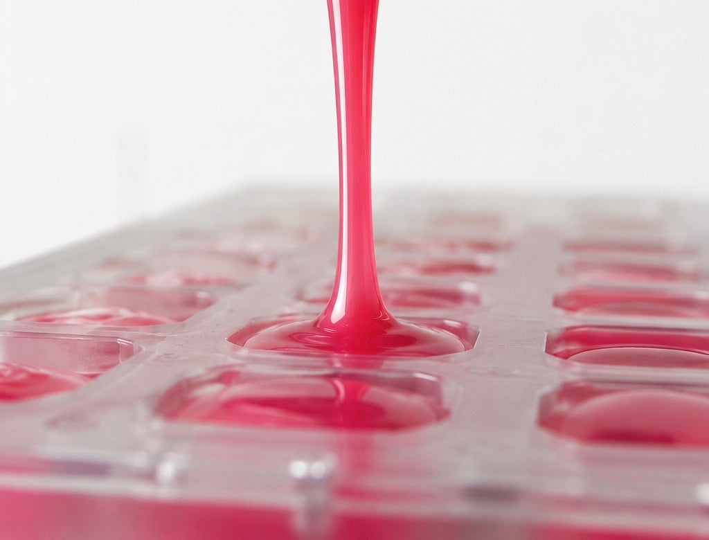 CNC engineered platinum silicone mold mat with a uniform cavity grid array, demonstrating commercial depositor nozzle pitch alignment
