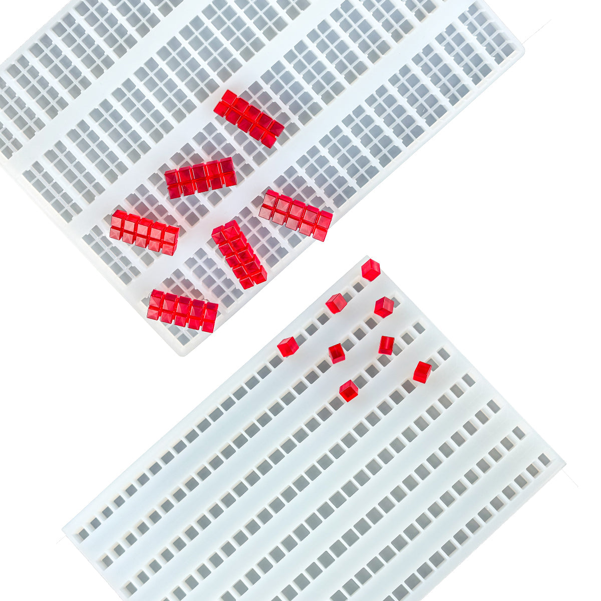 Two white laboratory sample trays with several square red-capped vials, positioned on a blue gradient background.